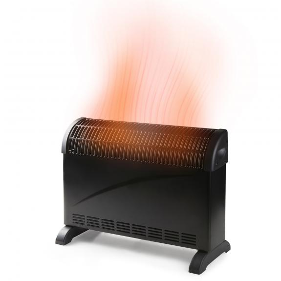 Black space heater with heat waves coming out. White background.