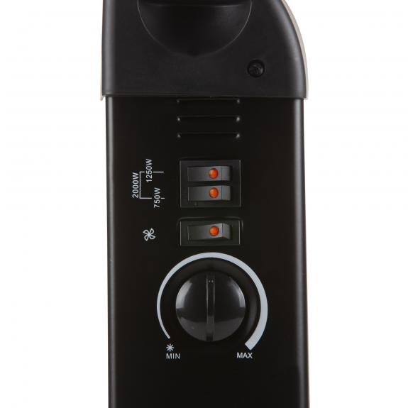A black heater control panel with buttons and a dial for power and heat settings.