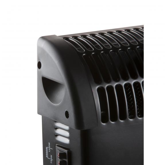 Close-up of a black electric heater, with control panel and a switch. Black background.