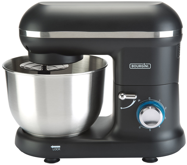 Black stand mixer with a silver bowl. Blue dial and the brand name Bourgini.
