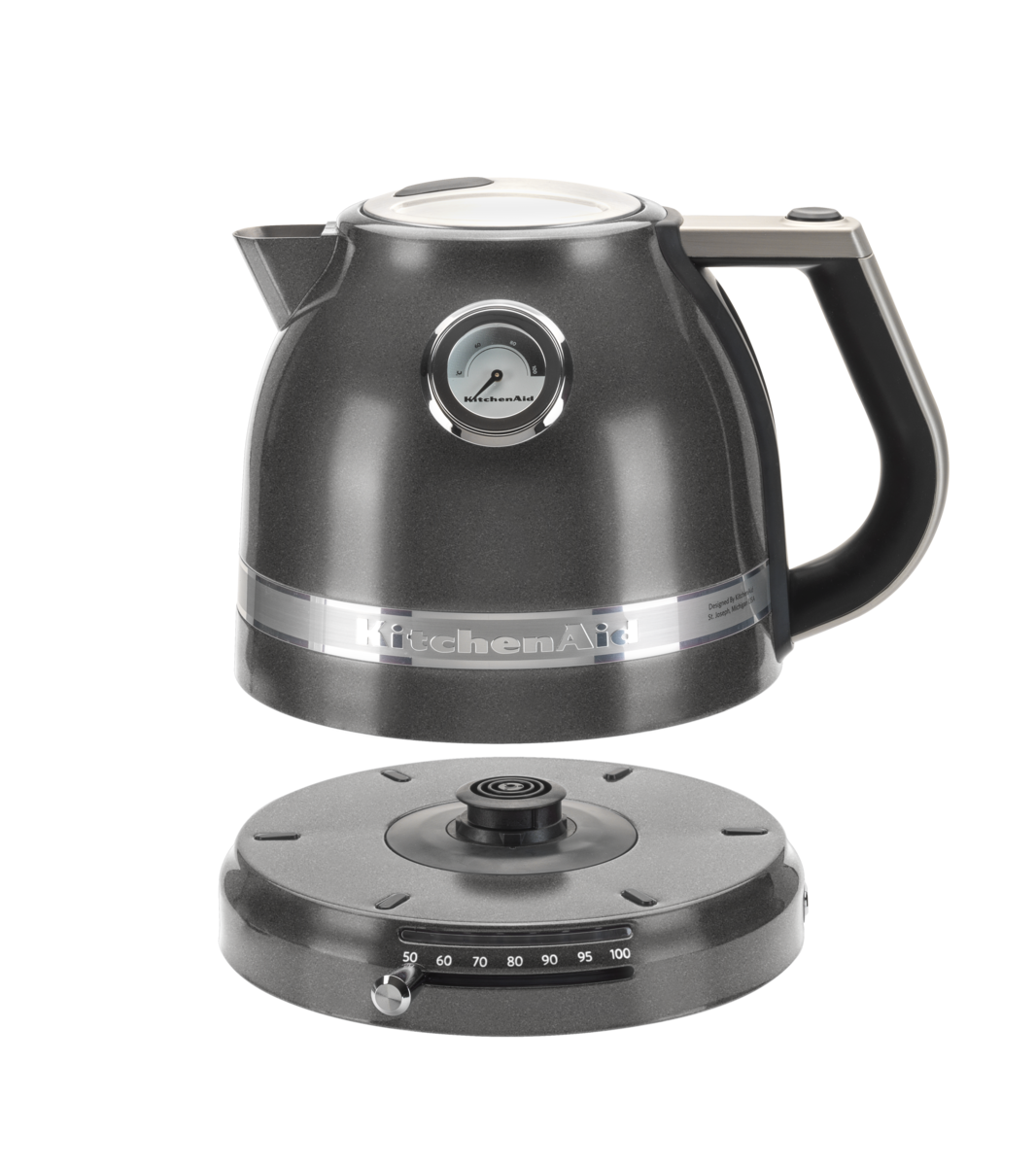 Ein KitchenAid Wasserkocher mit Temperaturanzeige und einem Sockel mit Temperatureinstellungen.