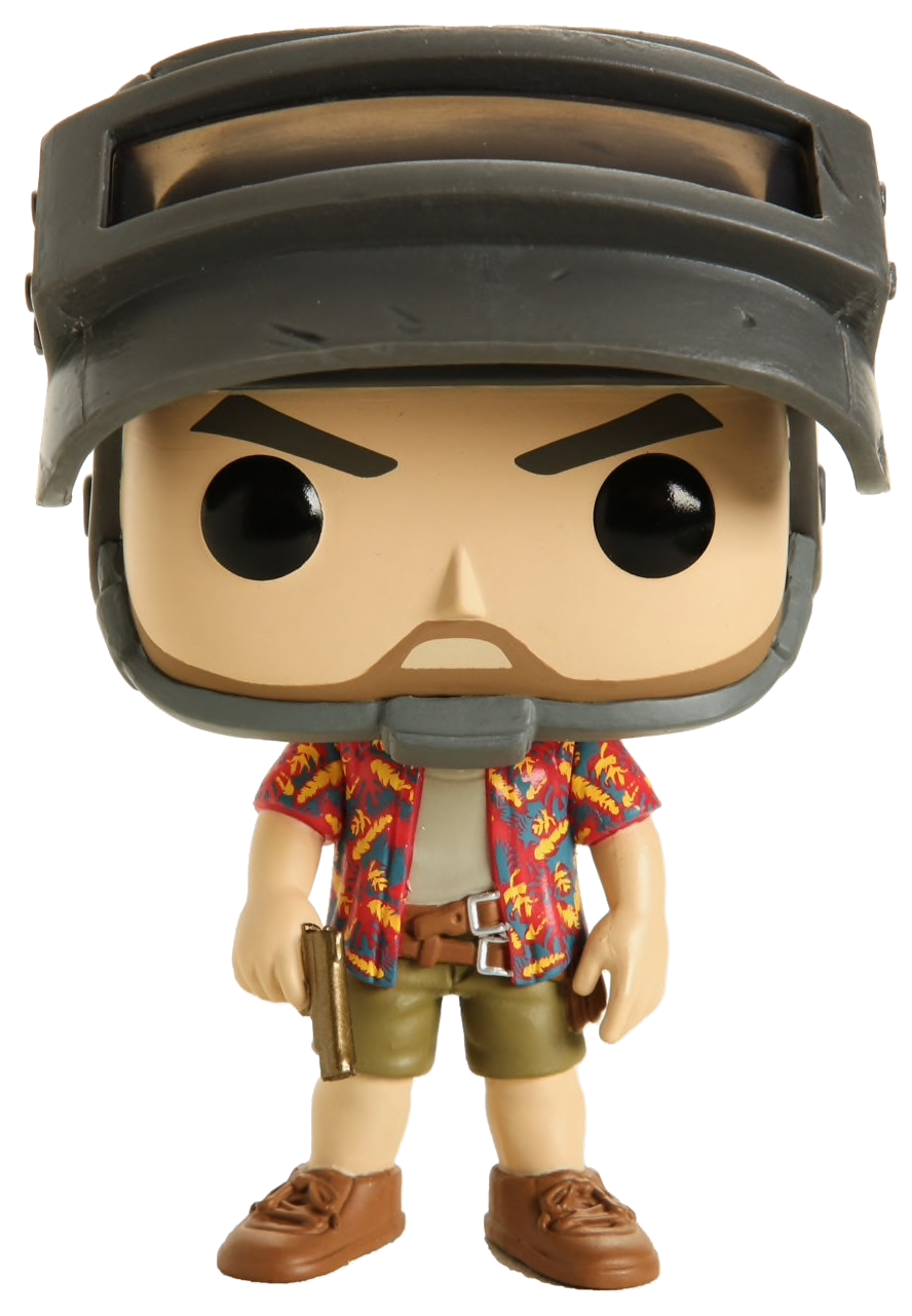 PUBG Funko Pop figuur. Een gestileerde figuur met helm, bloemenhemd en met een geweer.