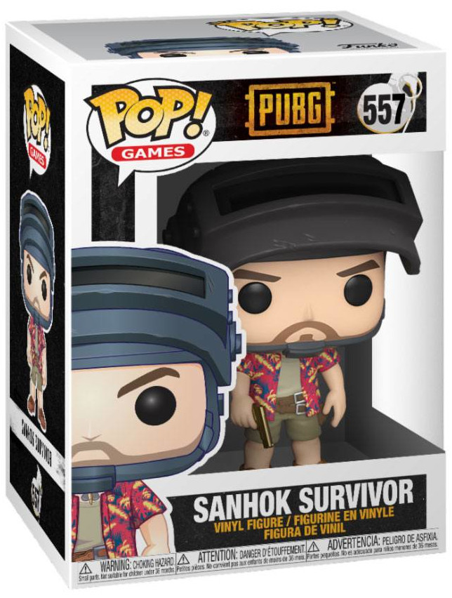 Funko Pop-figuur van een PUBG-personage in een doos, met tekst en afbeeldingen.