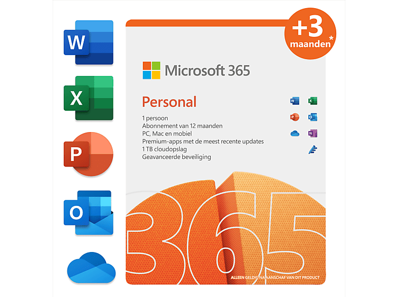 Microsoft 365 Personal NL 12 maanden (+3 maanden extra bij aankoop van een laptop*)