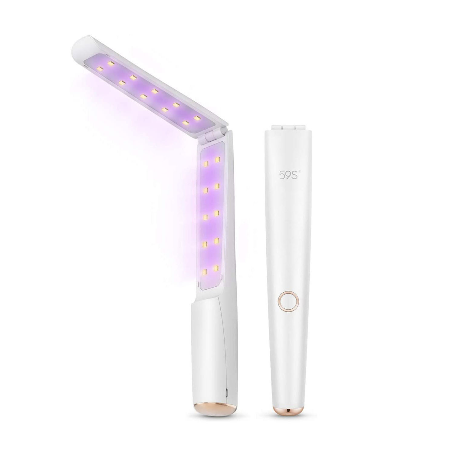 Sanificatore UV bianco e pieghevole con luci viola. Una parte aperta, un'altra chiusa. Sfondo bianco.