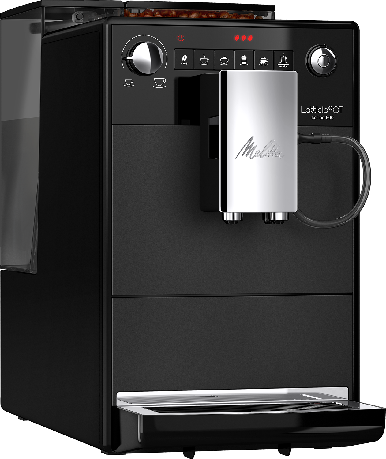 Zwart en zilver espresso-apparaat met een watertank en een koffiebonencontainer.