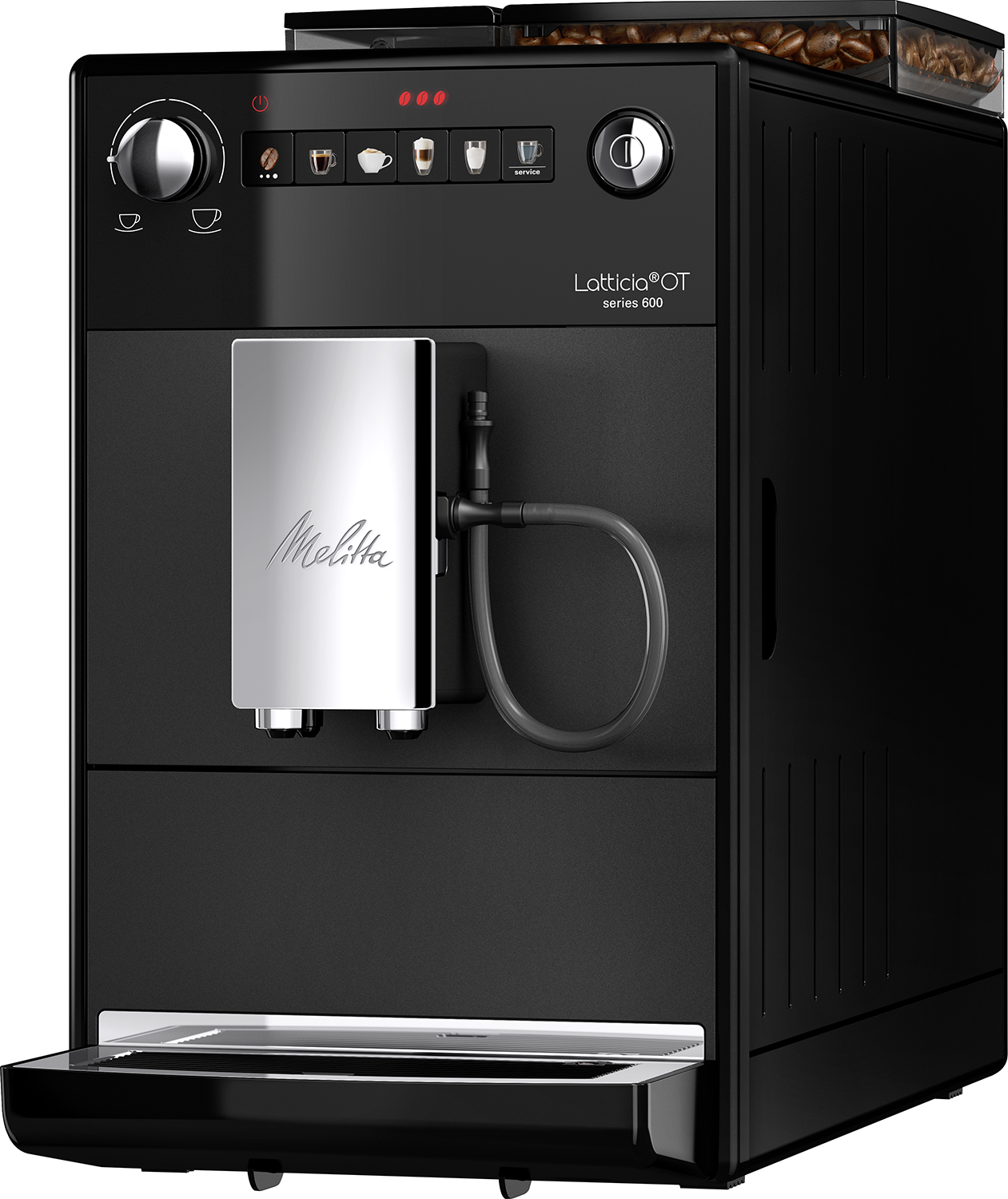 Zwarte Melitta Latticia OT serie 900 koffiemachine met een zilveren uitloop.