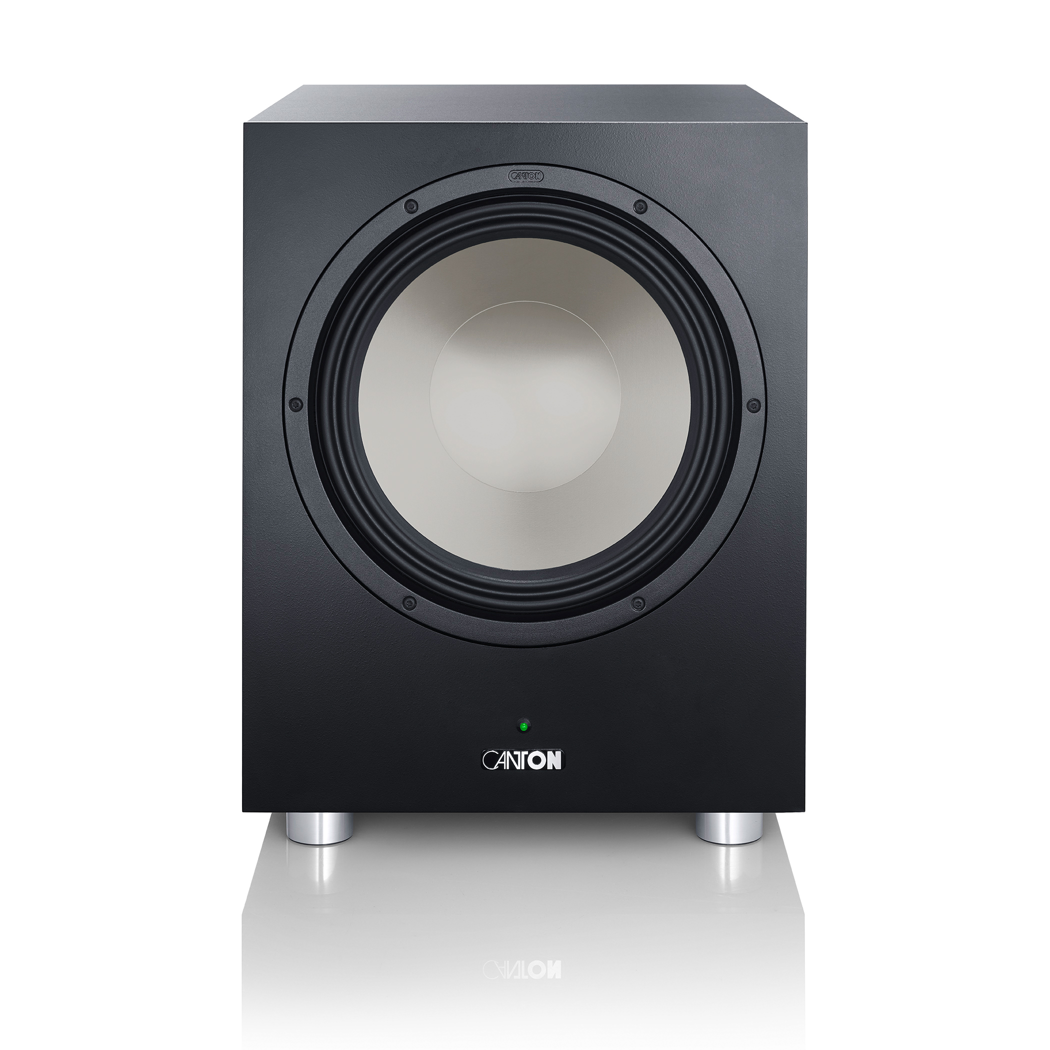 Schwarzer Canton Subwoofer mit weißem Lautsprecherkonus und silbernen Füßen.