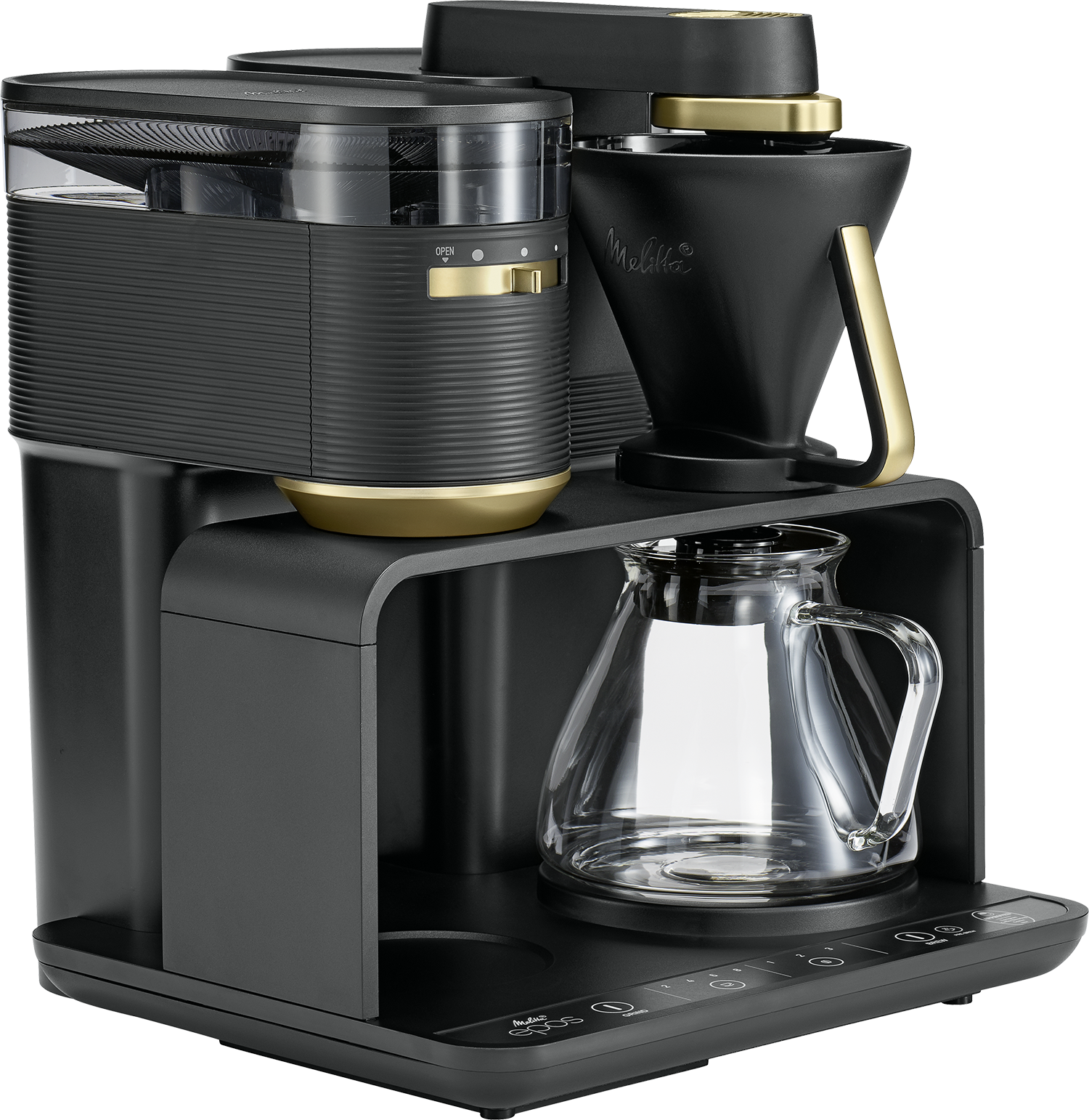 Zwarte en gouden Melitta koffiezetapparaat met glazen kan en gouden accenten.