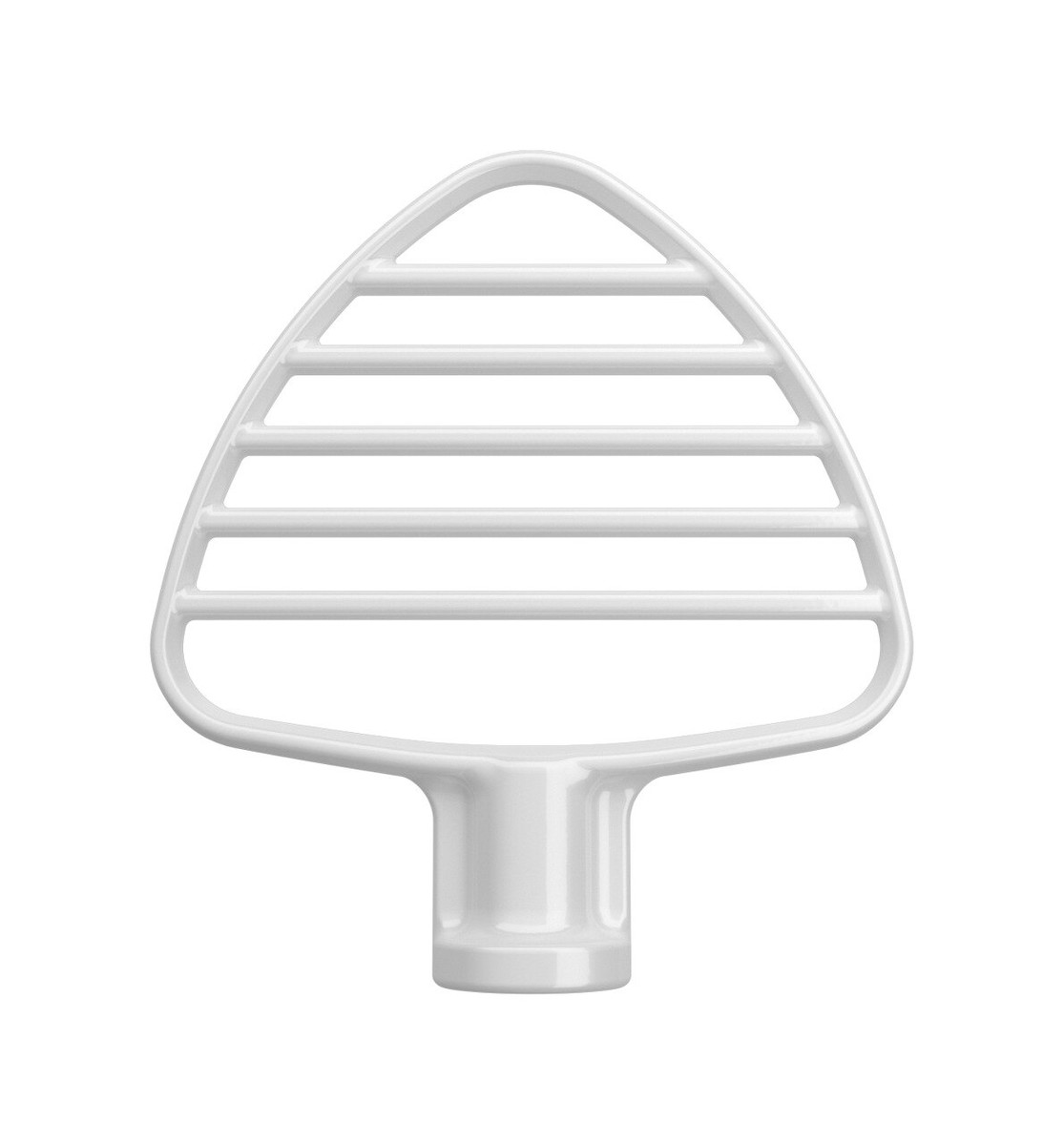 Ein weißer KitchenAid-Mixer-Aufsatz zum Mischen. Es ist ein Flachrührer mit baumartiger Form.