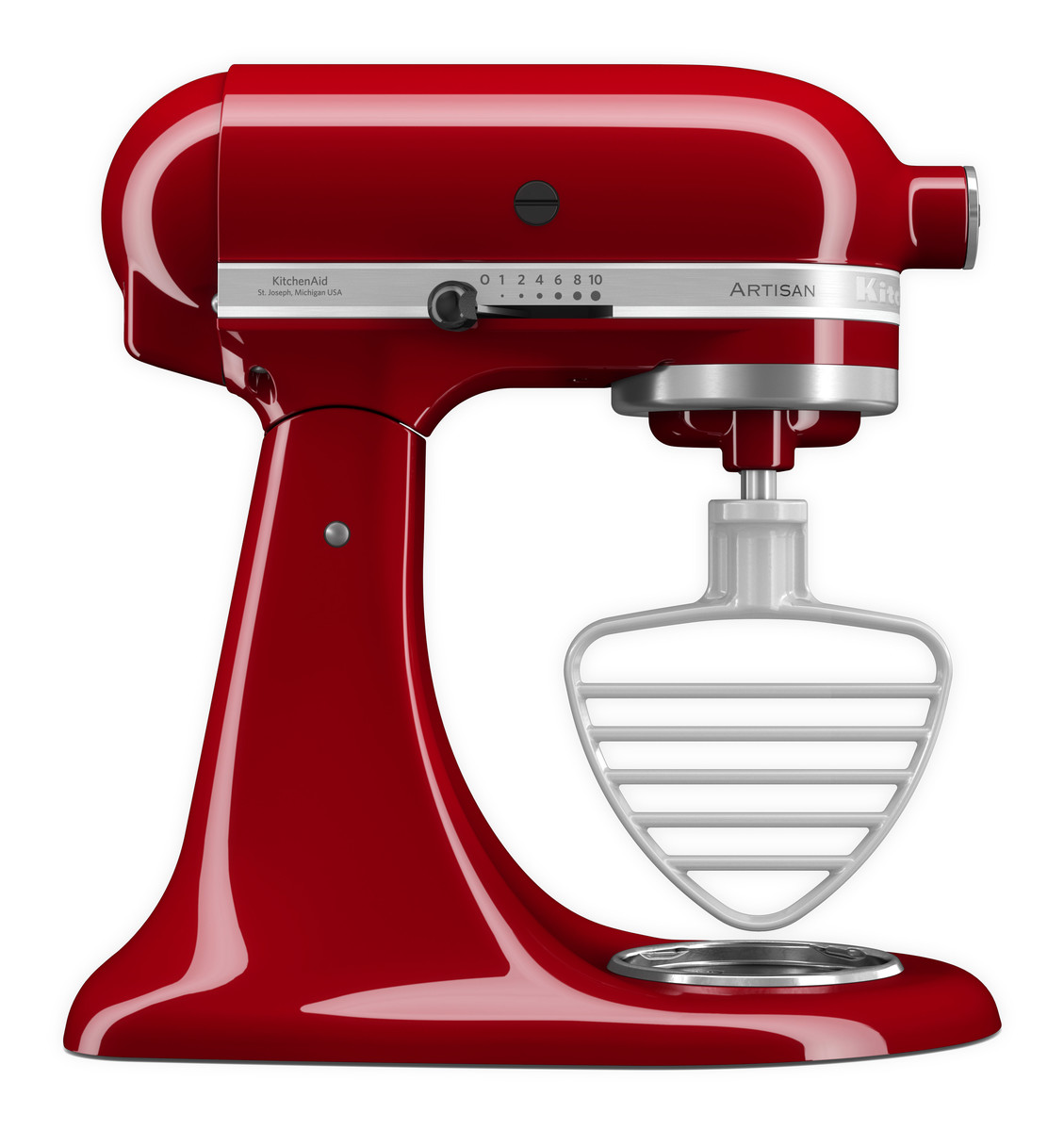 Roter KitchenAid Küchenmixer, Seitenansicht, weißer Rührbesatz.
