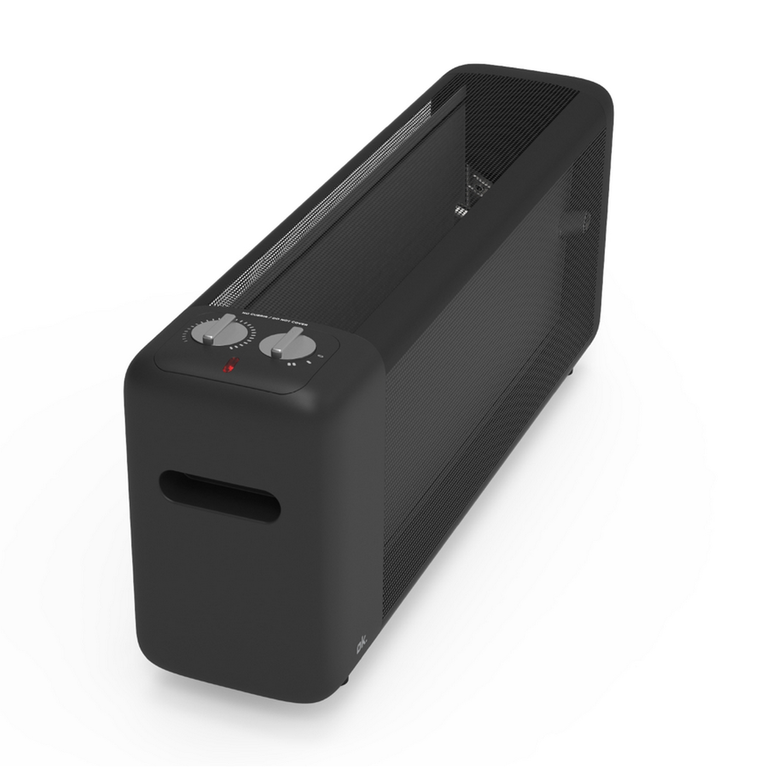 Calentador eléctrico negro con dos diales y un asa.