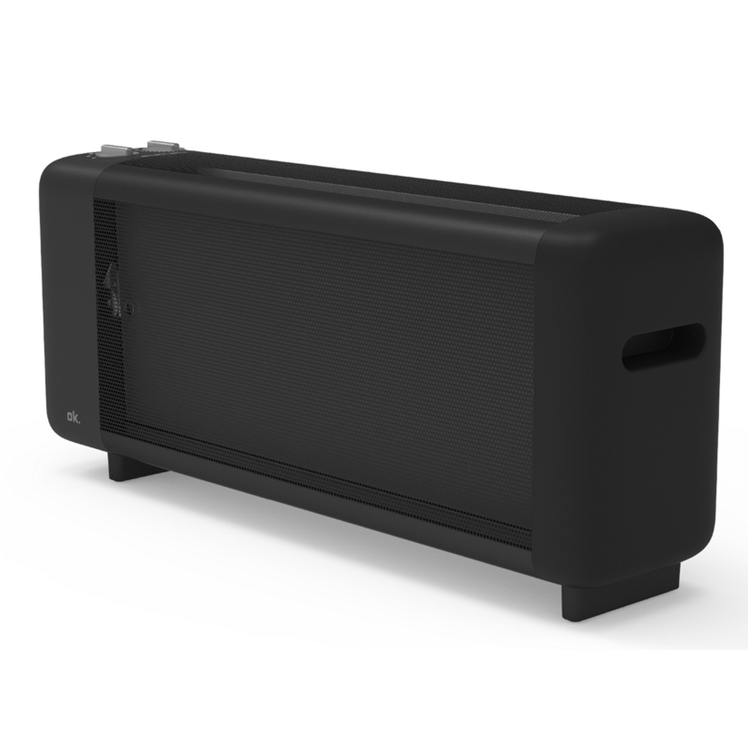Calentador eléctrico negro, forma rectangular, con una parte frontal de malla y patas.