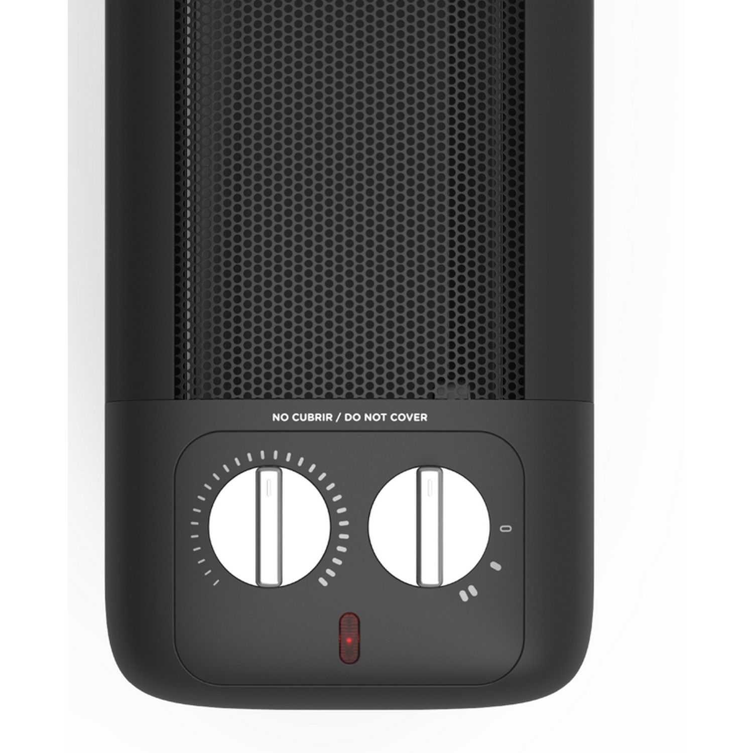 Calentador eléctrico negro con dos diales de control y una luz indicadora roja.