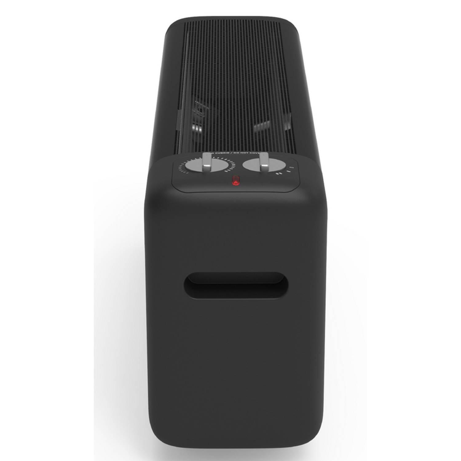 Electrodoméstico negro. Vista superior, con diales y luz indicadora roja.