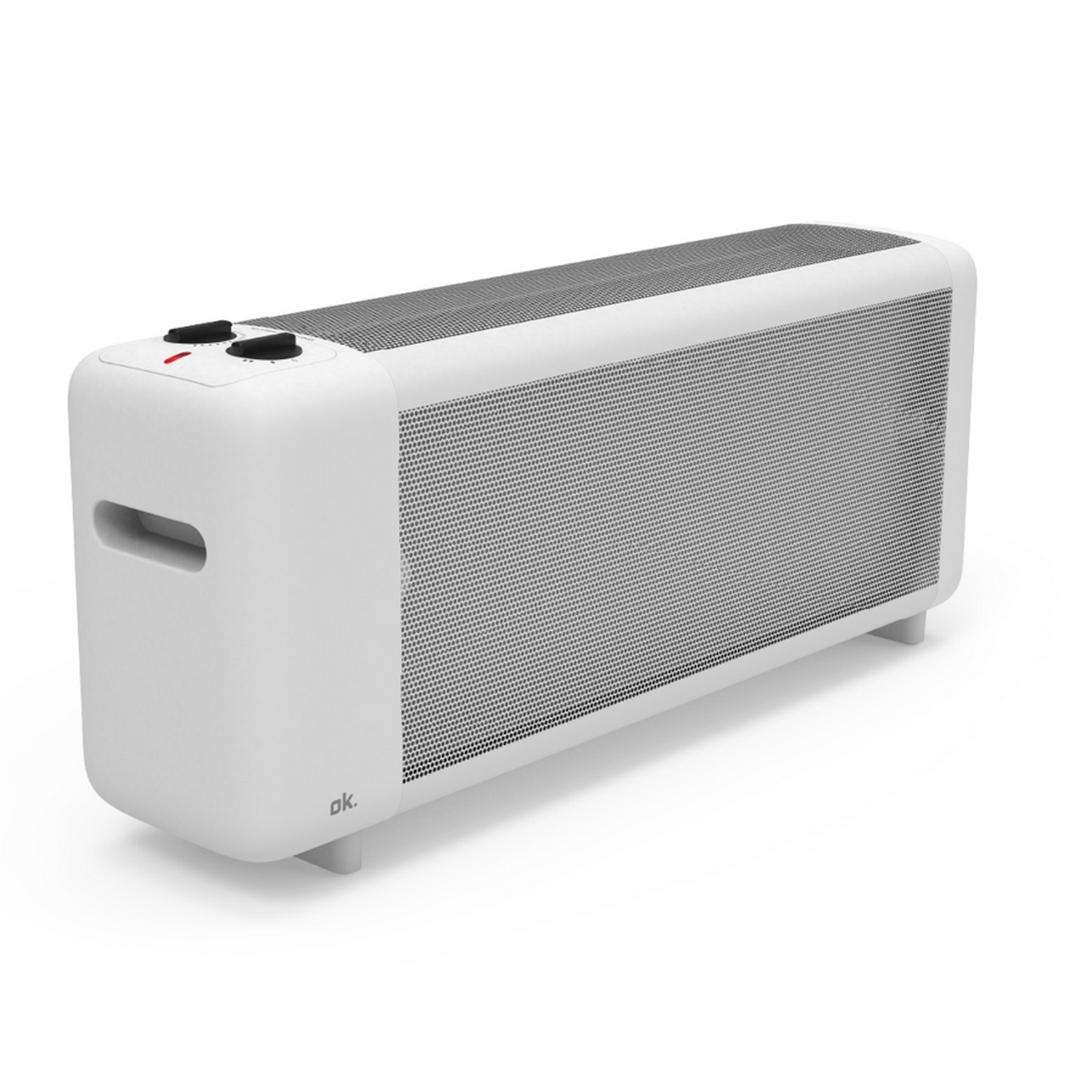 Calentador eléctrico blanco con una parte superior de malla y dos botones arriba. Tiene un asa.