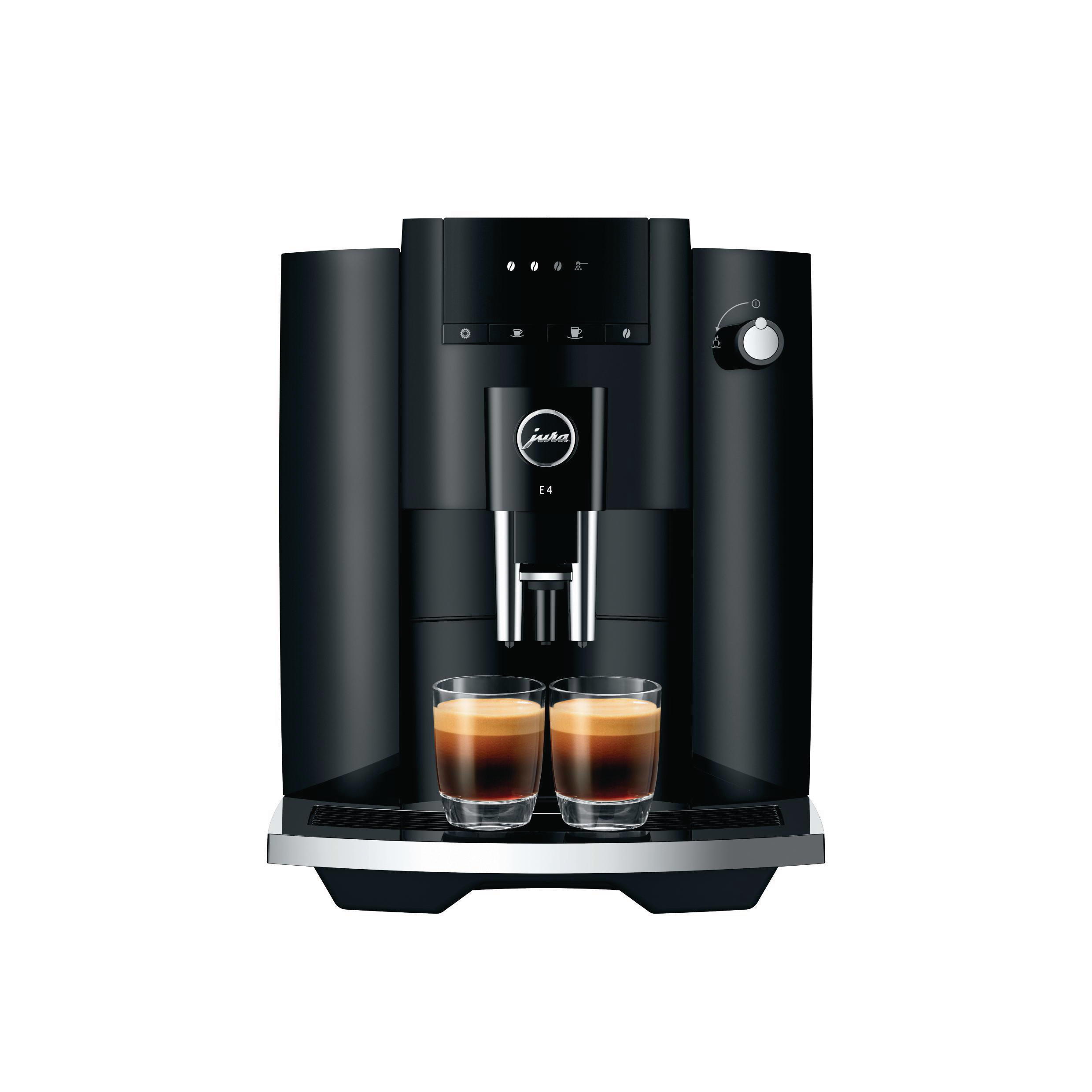 Schwarze Jura E4 Kaffeemaschine mit zwei Espresso-Shots in Gläsern auf weißem Hintergrund.