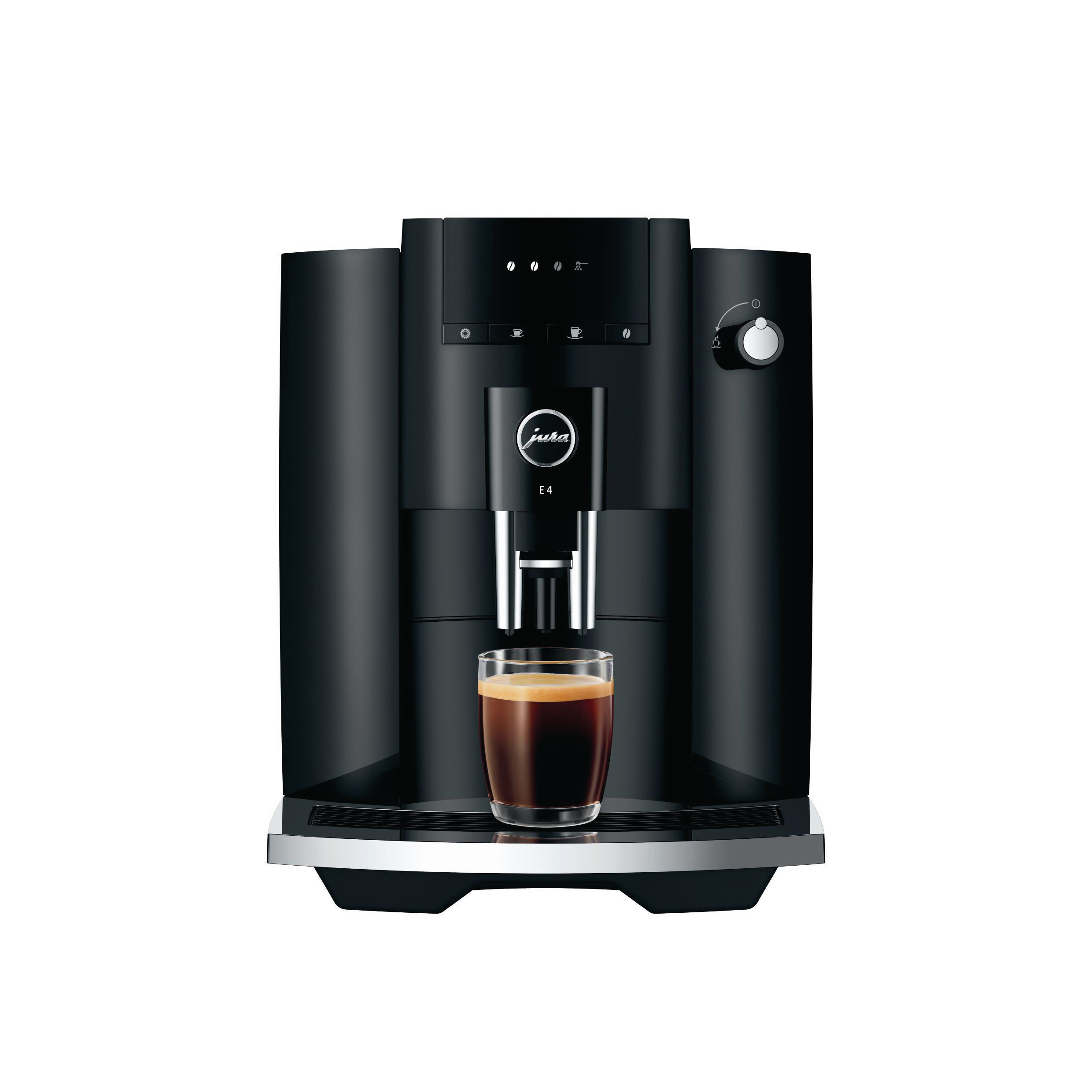 Schwarze Espressomaschine mit einem Glas Kaffee und dem Jura-Logo.
