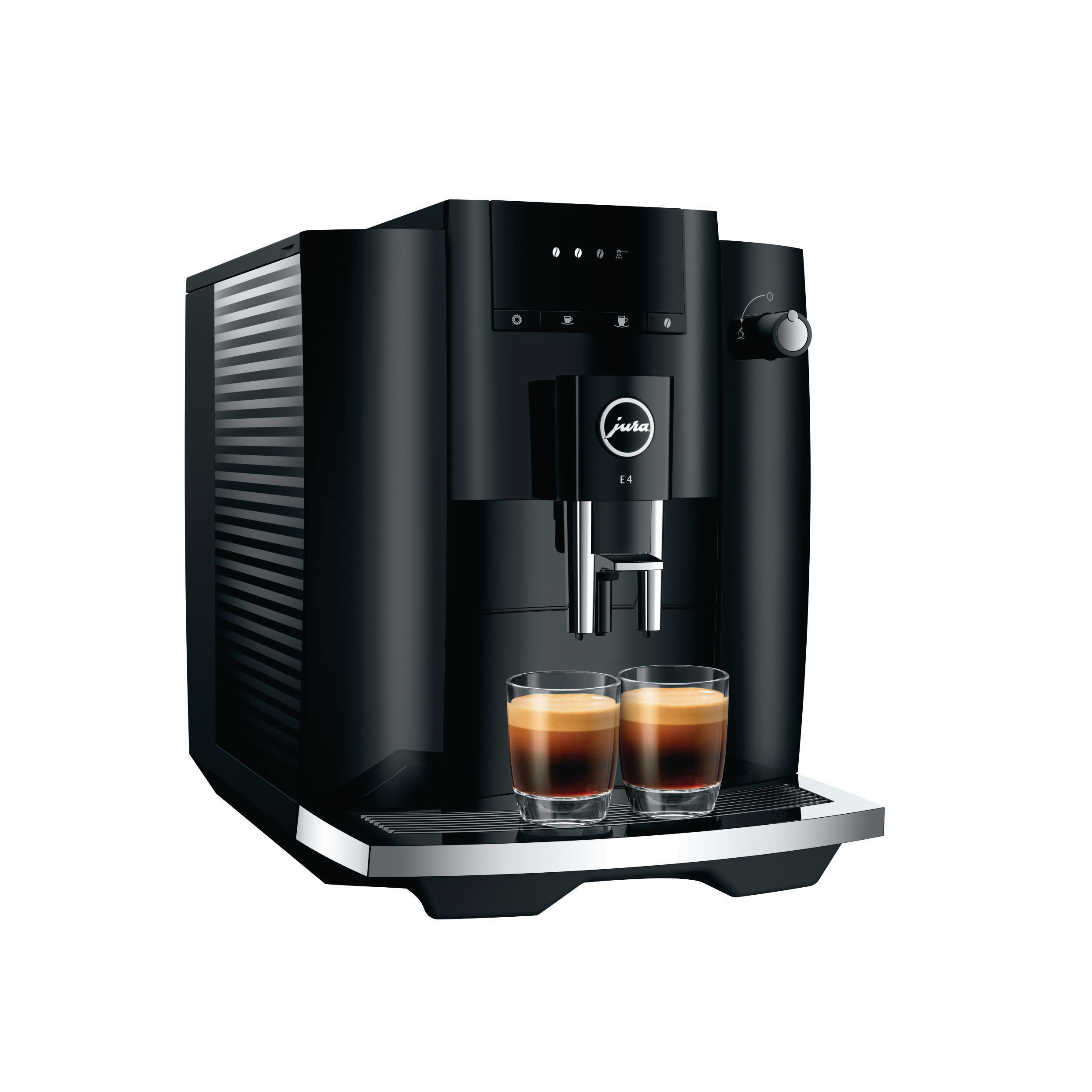 Schwarze Jura E4 Kaffeemaschine mit zwei Espresso-Tassen. Weißer Hintergrund.