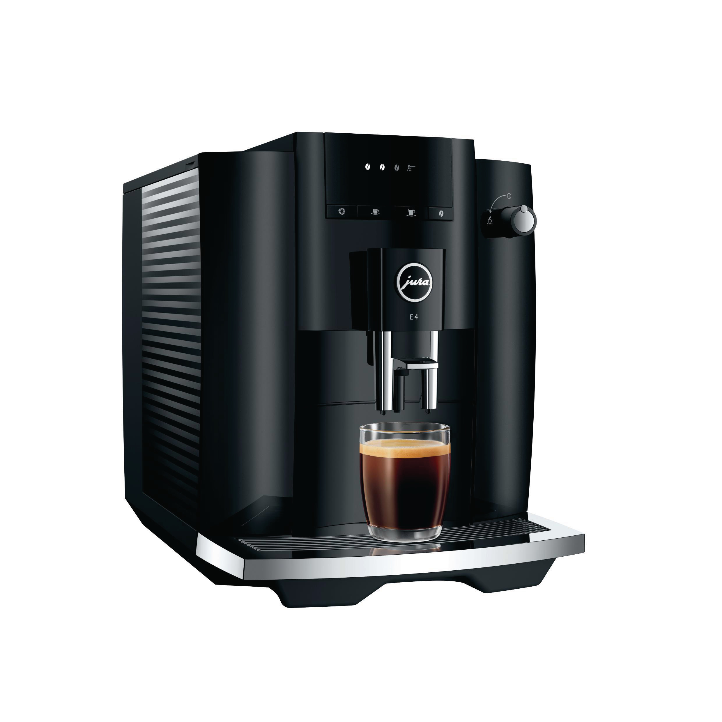Schwarze Jura E4 Kaffeemaschine mit einem Glas Kaffee.