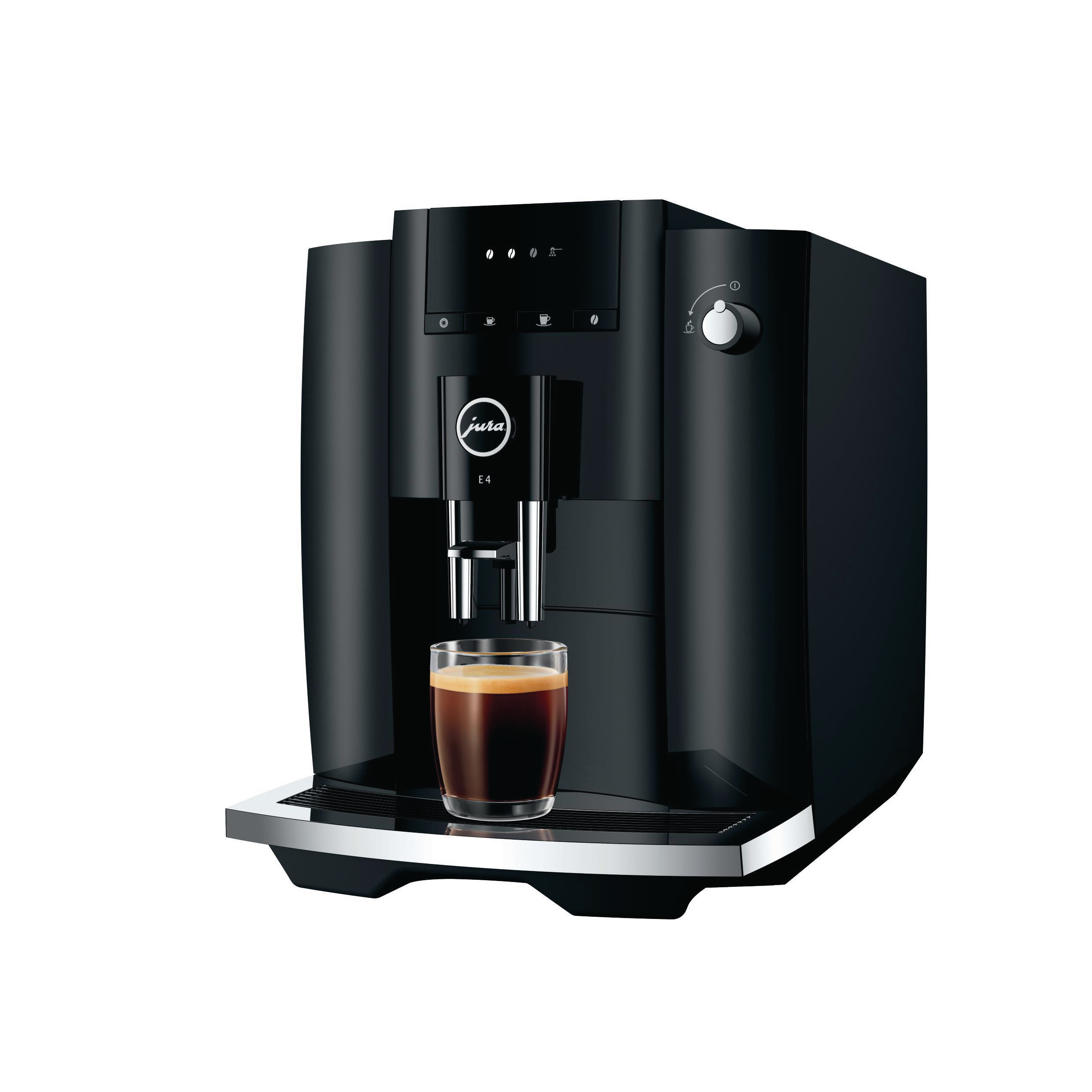 Schwarze Jura E4 Kaffeemaschine mit einem Glas Kaffee.