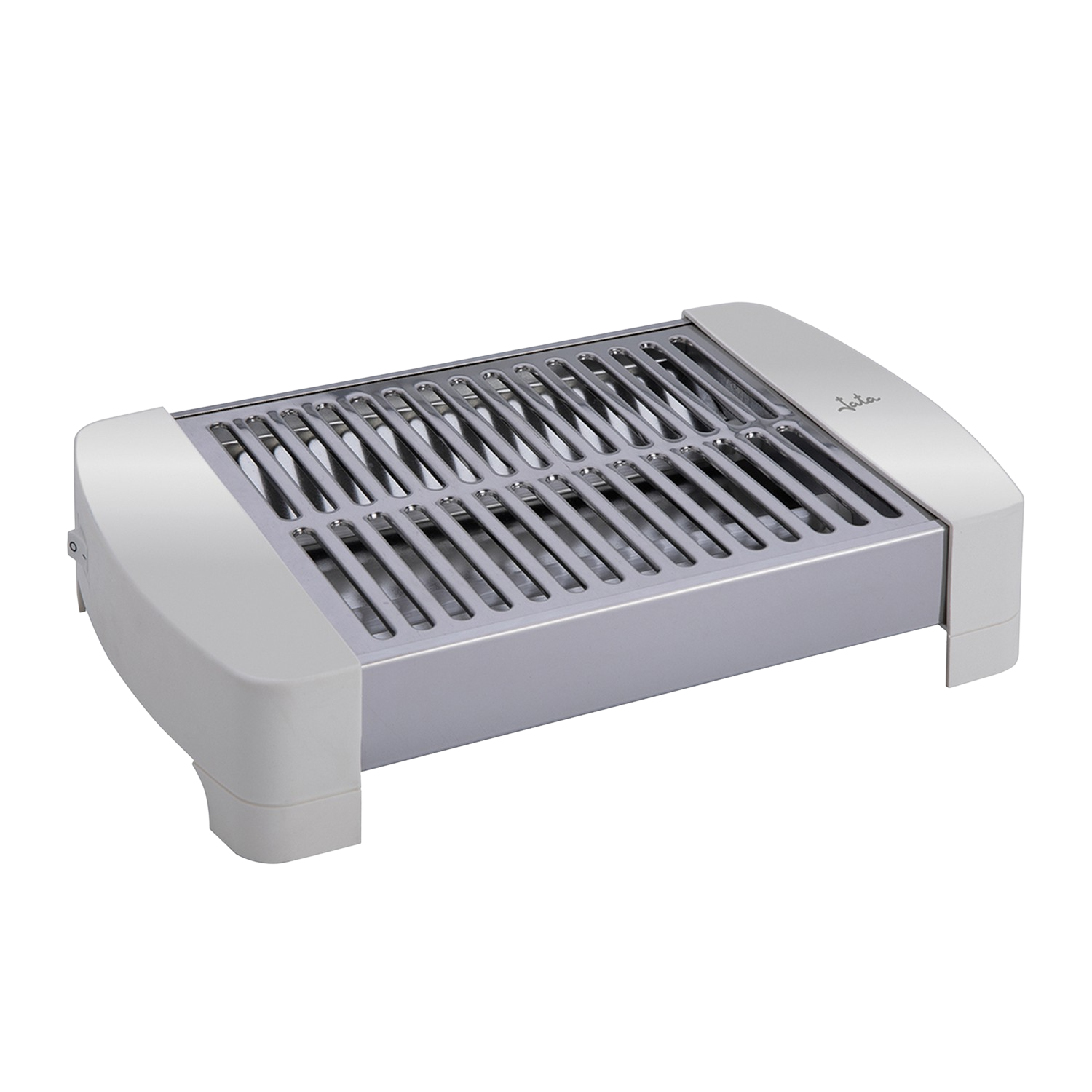 Parrilla eléctrica plateada y blanca. Tiene forma rectangular y una rejilla.