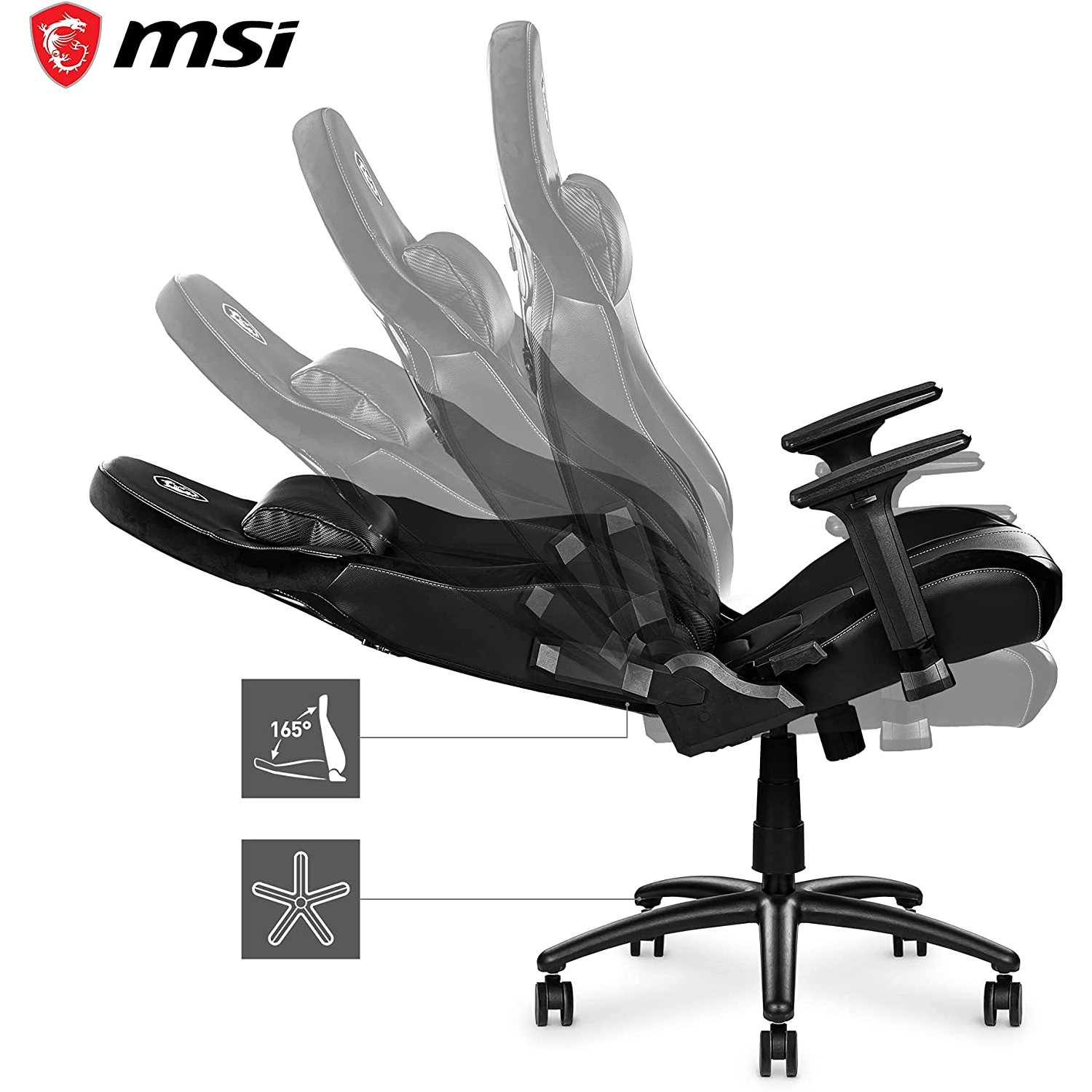 Silla gaming - MSI MAG CH130X, 2D (regulable), Respaldo ajustable 90º - 150º, Hasta 150 kg, Negro