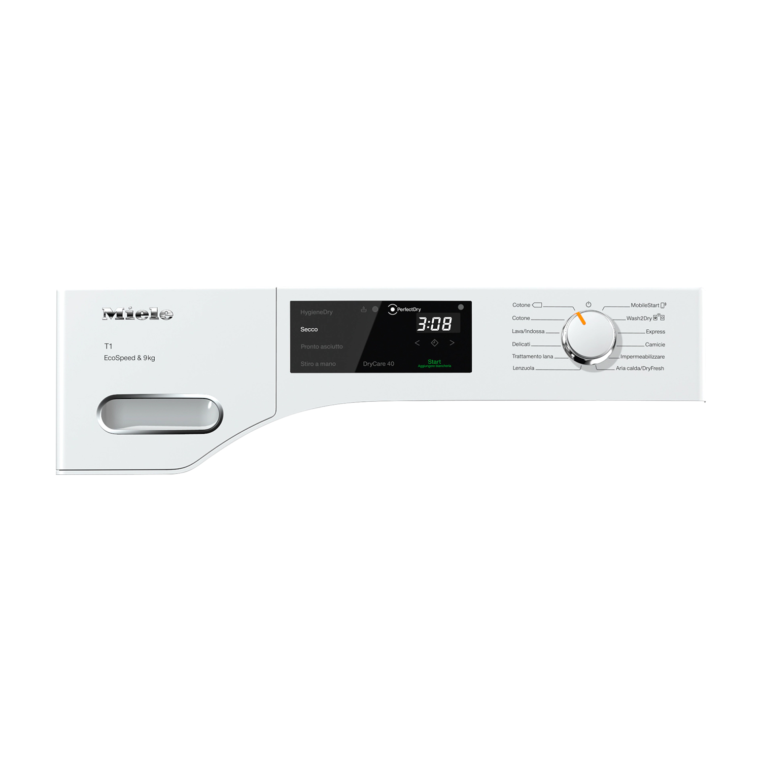 Pannello di controllo della lavatrice bianco, display digitale.