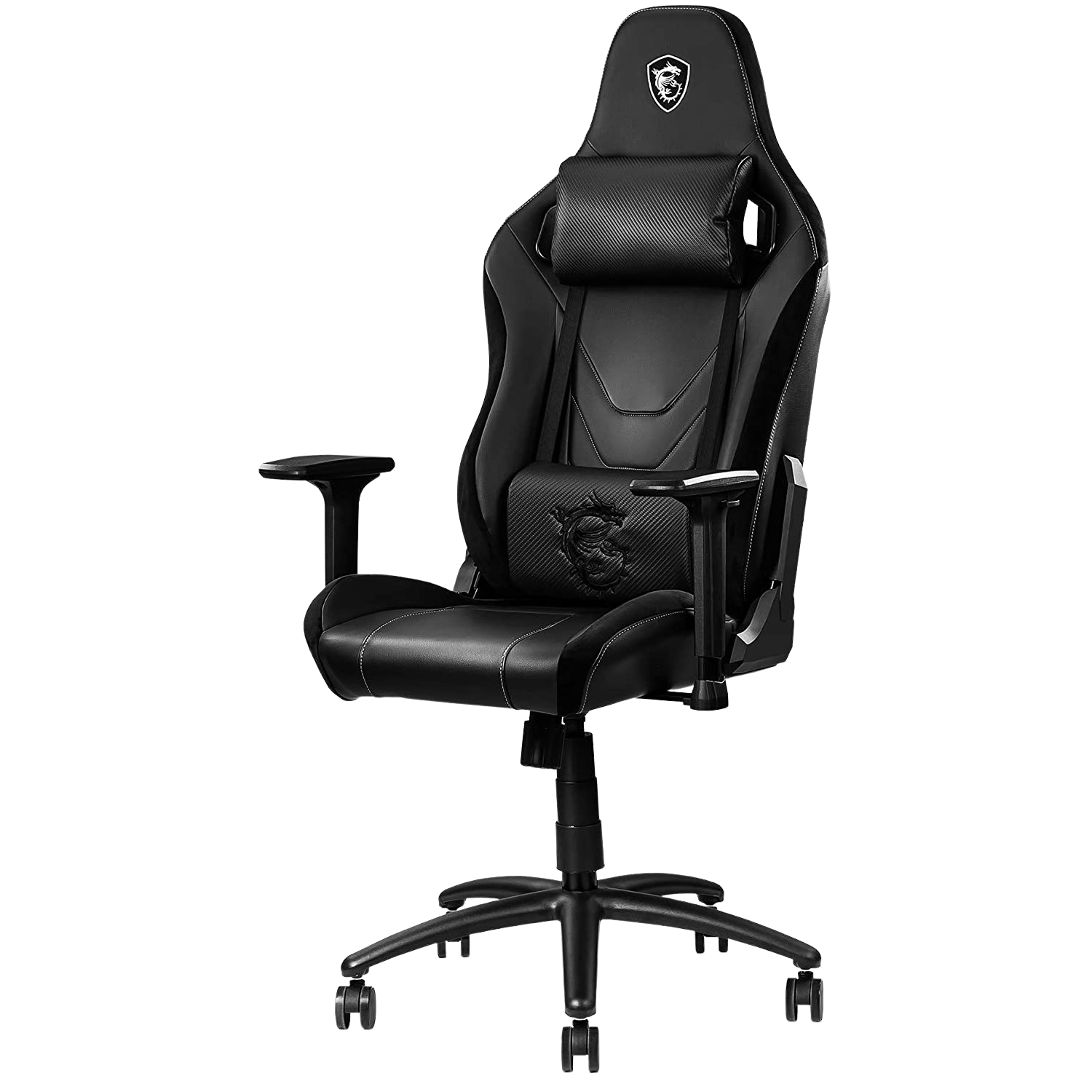 Silla gaming negra con reposacabezas y soporte lumbar, sobre fondo negro.