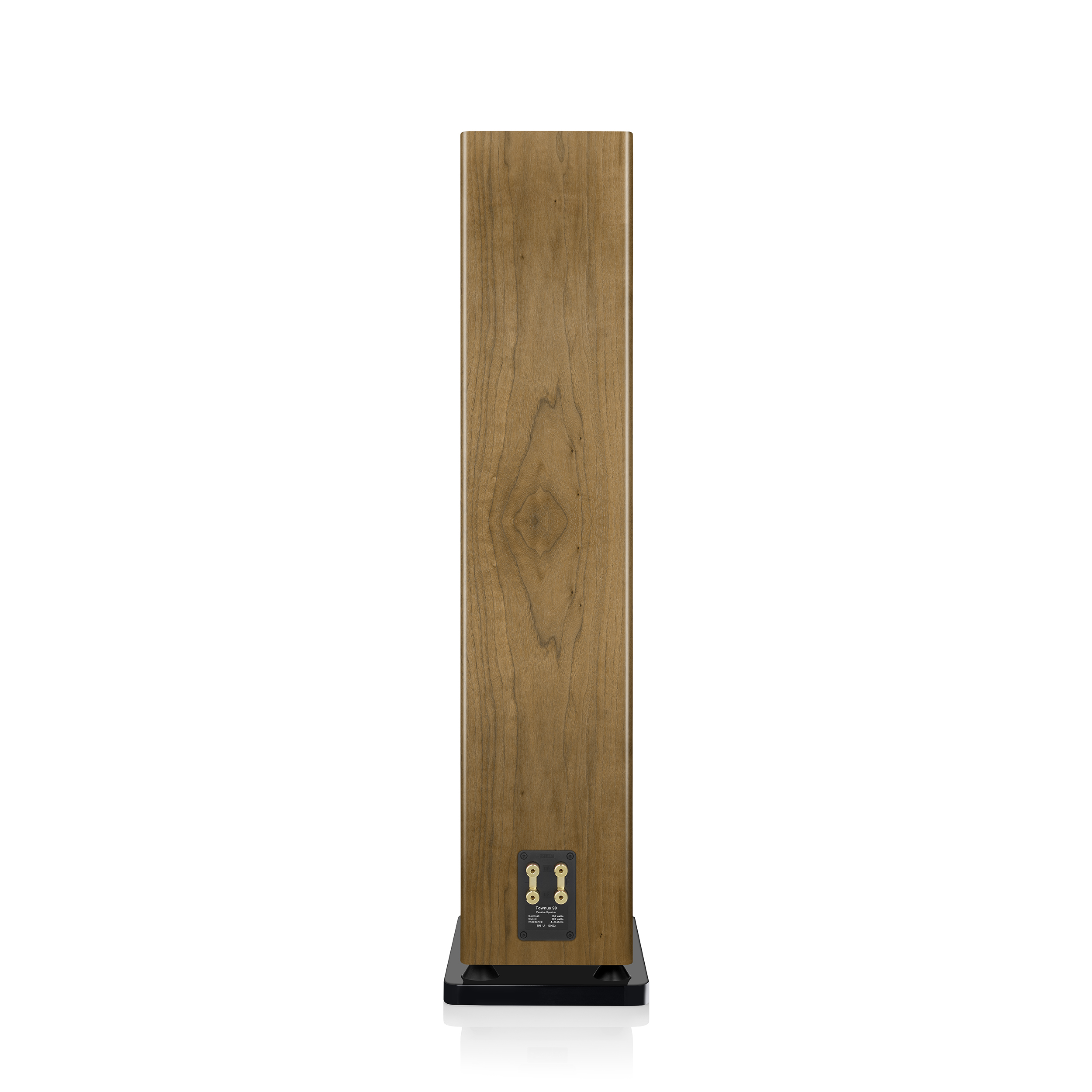 Hoher Holz-Lautsprecher, Rückansicht, schwarzer Sockel, weißer Hintergrund.