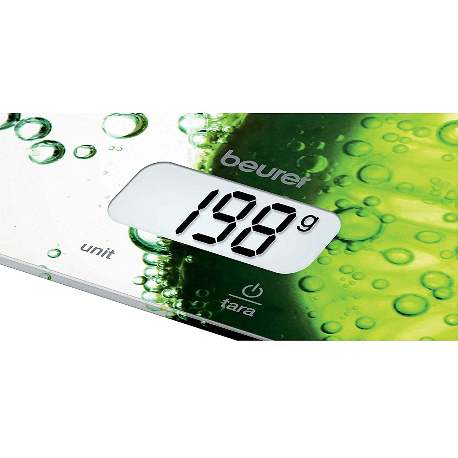 Una bilancia digitale che mostra 198 g con bolle intorno, su uno sfondo verde e bianco.