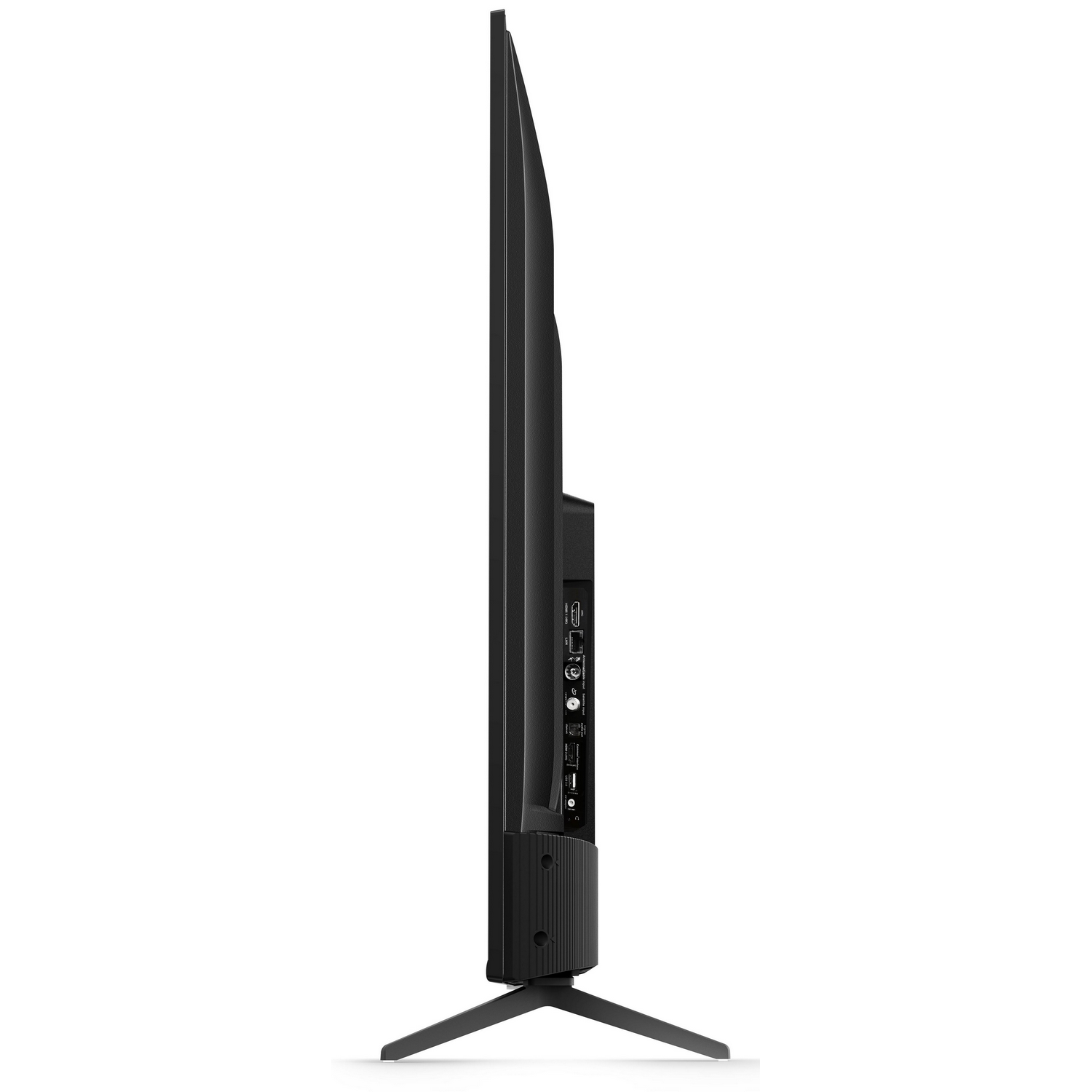 Televisor negro de lado con soporte. Tiene puertos y un logotipo.