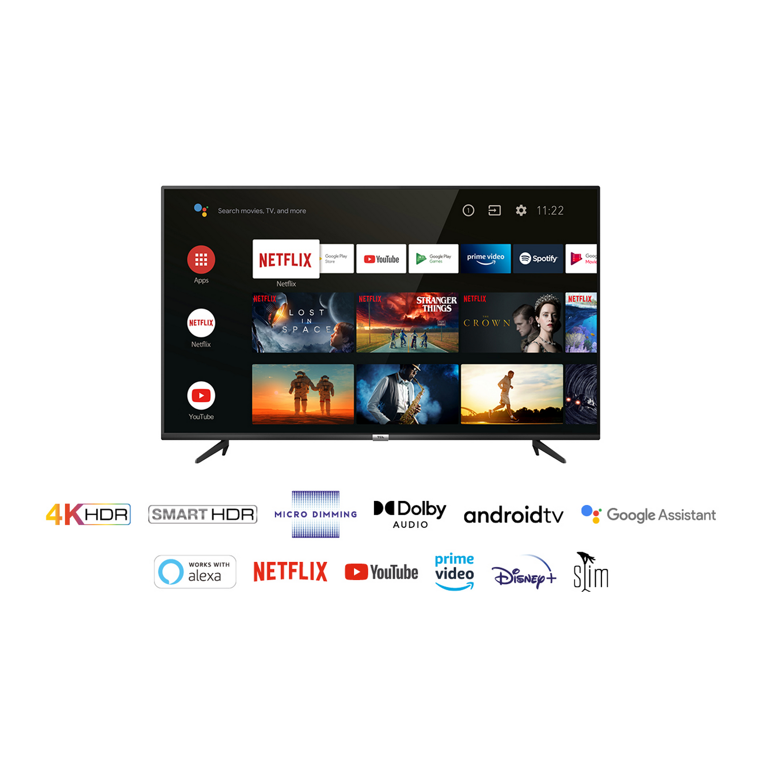 Una pantalla de TV que muestra una selección de aplicaciones y servicios de streaming, incluyendo Netflix.