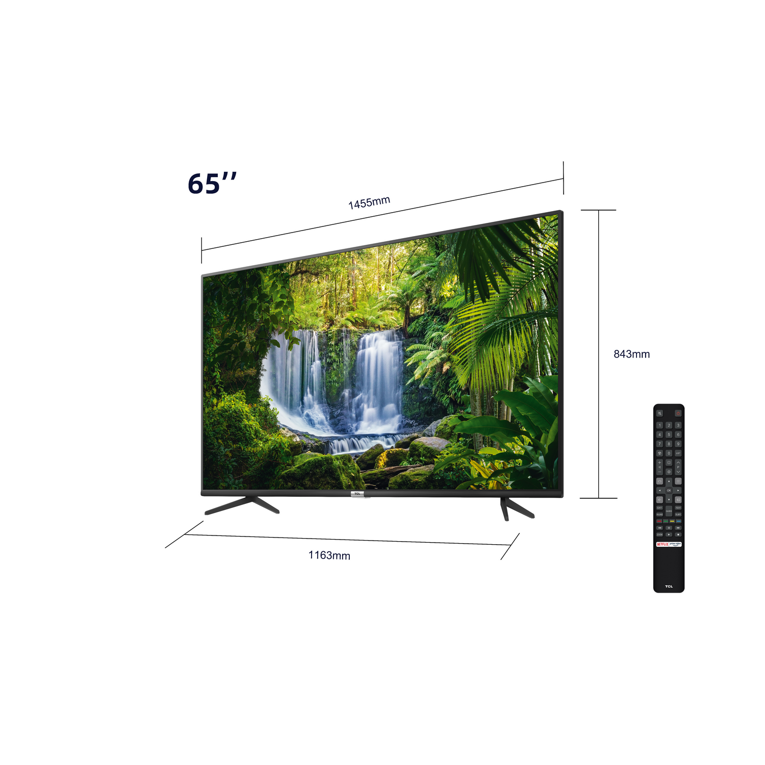 Un televisor de 65 pulgadas con dimensiones. Un mando a distancia a la derecha. El televisor muestra una escena de bosque.