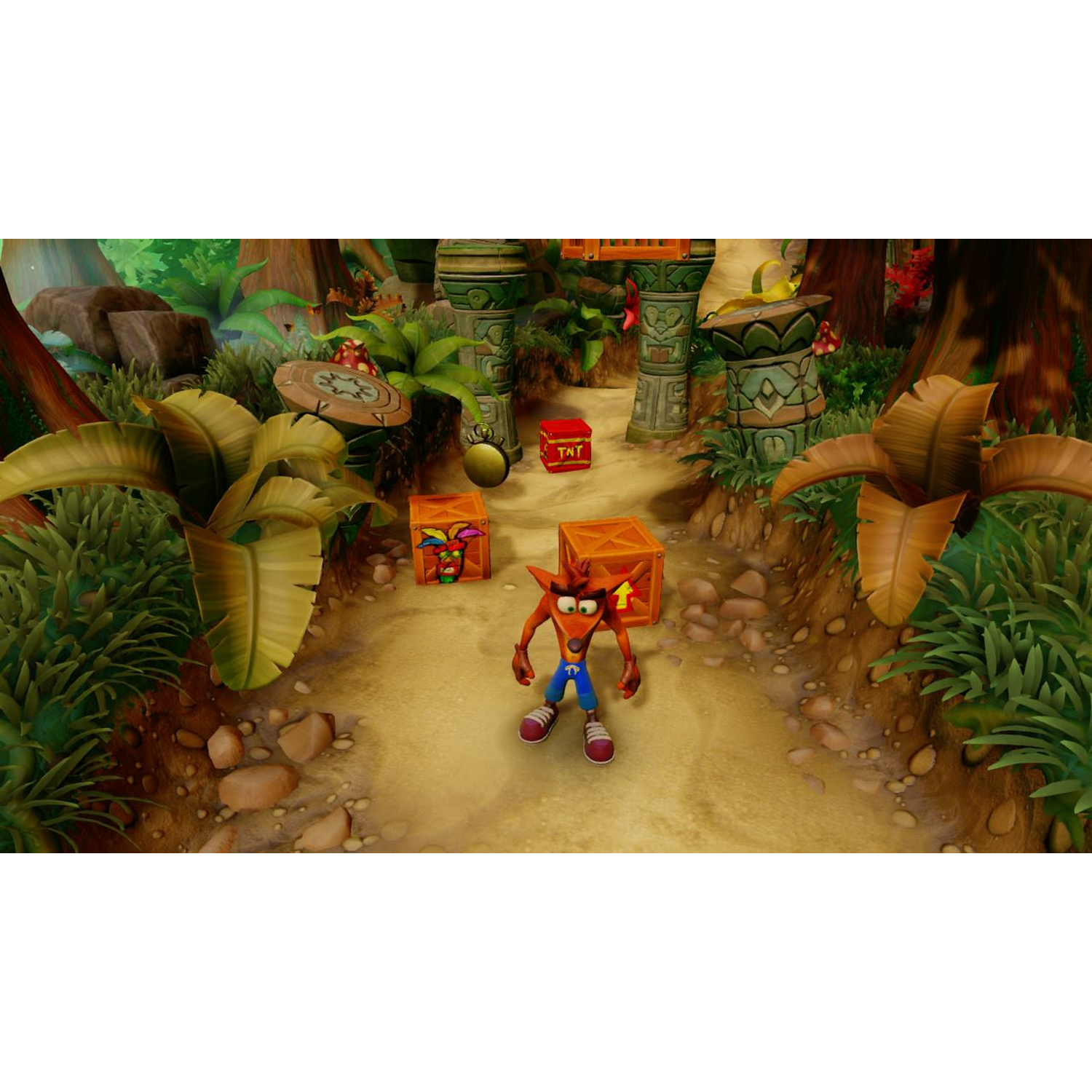Escena del juego Crash Bandicoot. Crash en medio de un camino. Cajas y entorno.