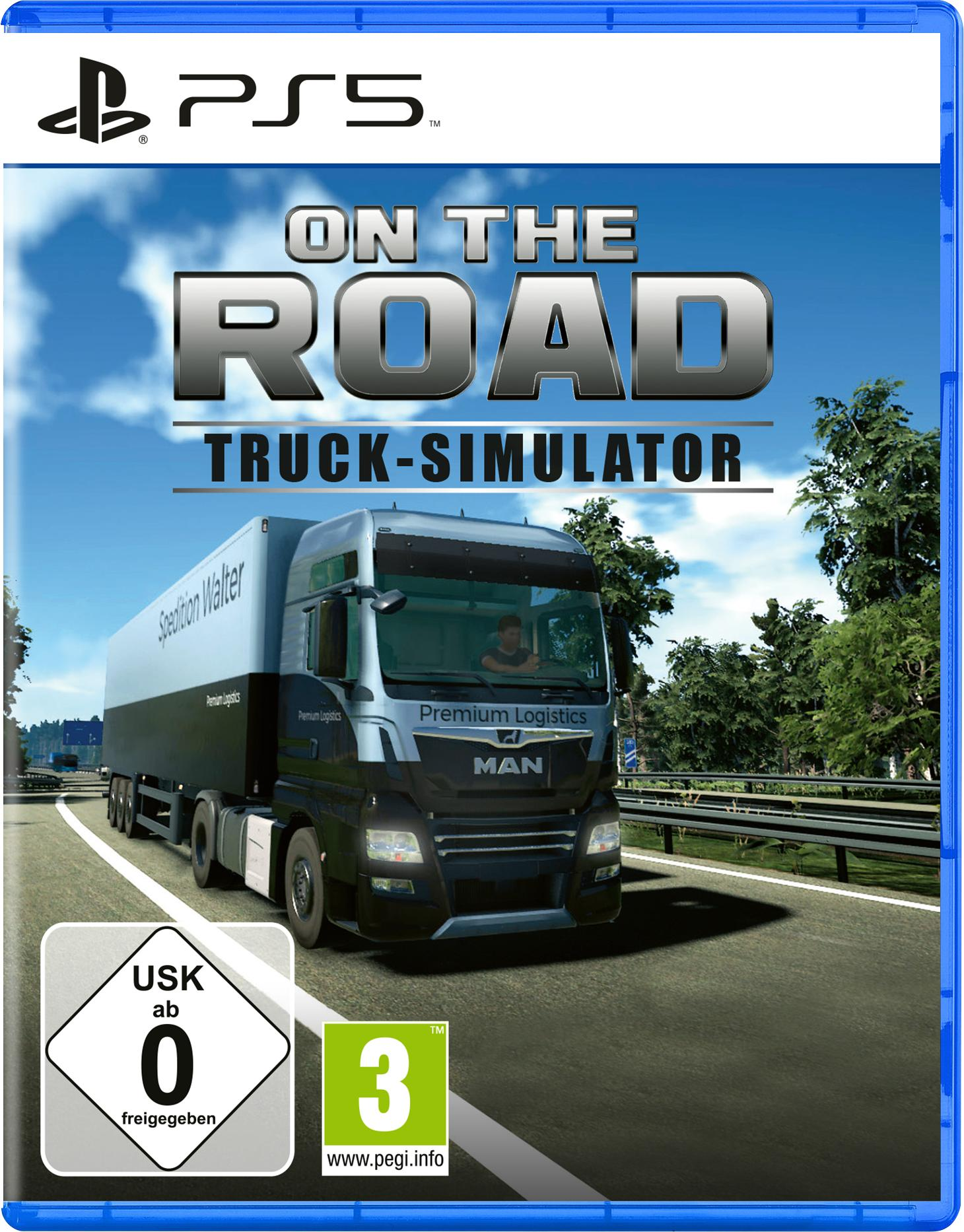 PS5-Spielcover: On the Road Truck-Simulator, mit einem LKW auf der Autobahn.