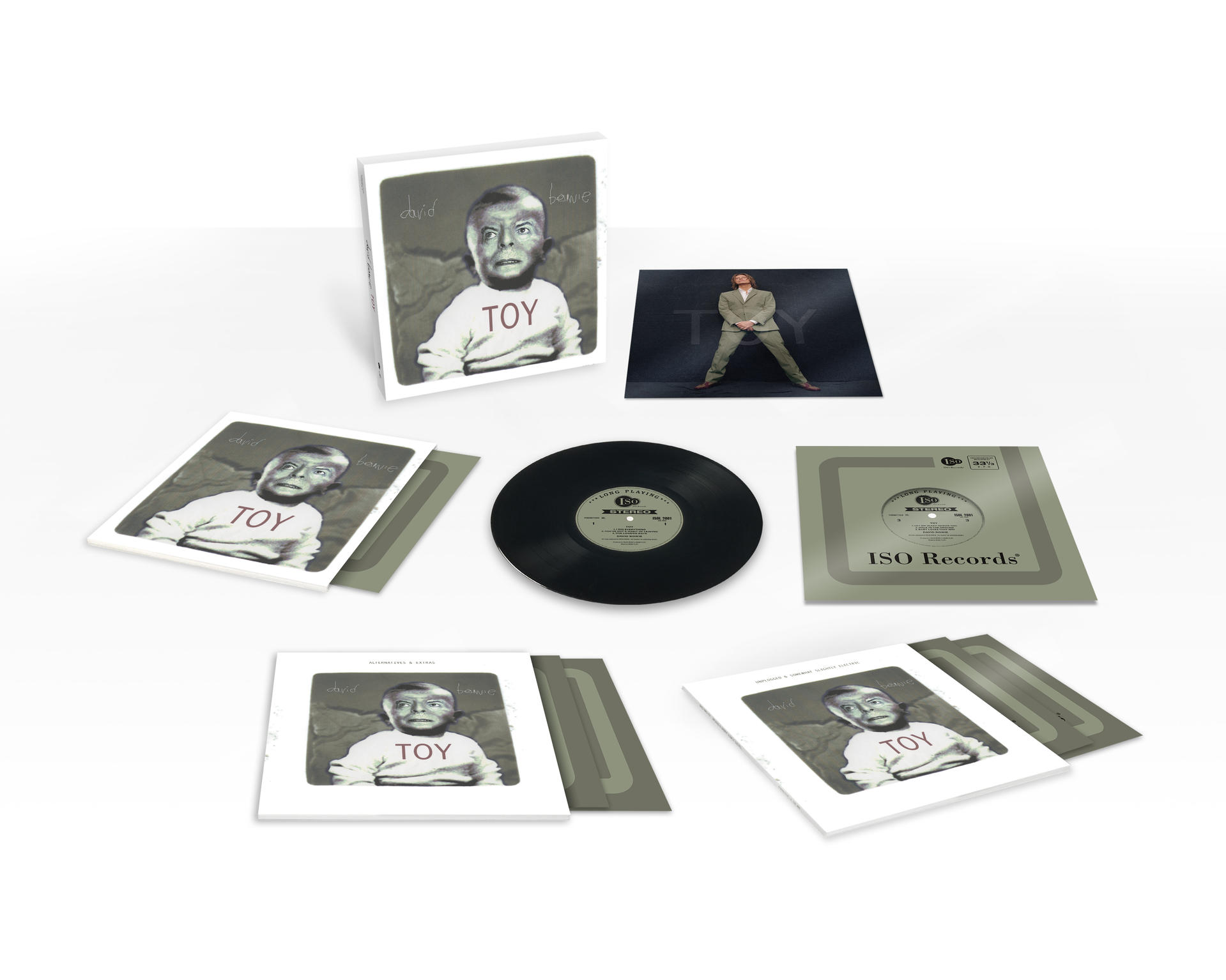 Coffret de l'album 'Toy' de David Bowie avec pochette, inserts et un disque vinyle.