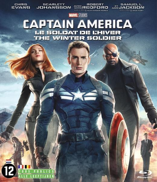 Captain America filmcover: Captain America, Black Widow en Nick Fury poseren heldhaftig.