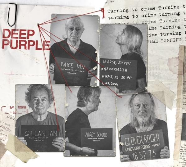 Deep Purple Albumcover, Fahndungsfotos von Bandmitgliedern mit roten Linien.