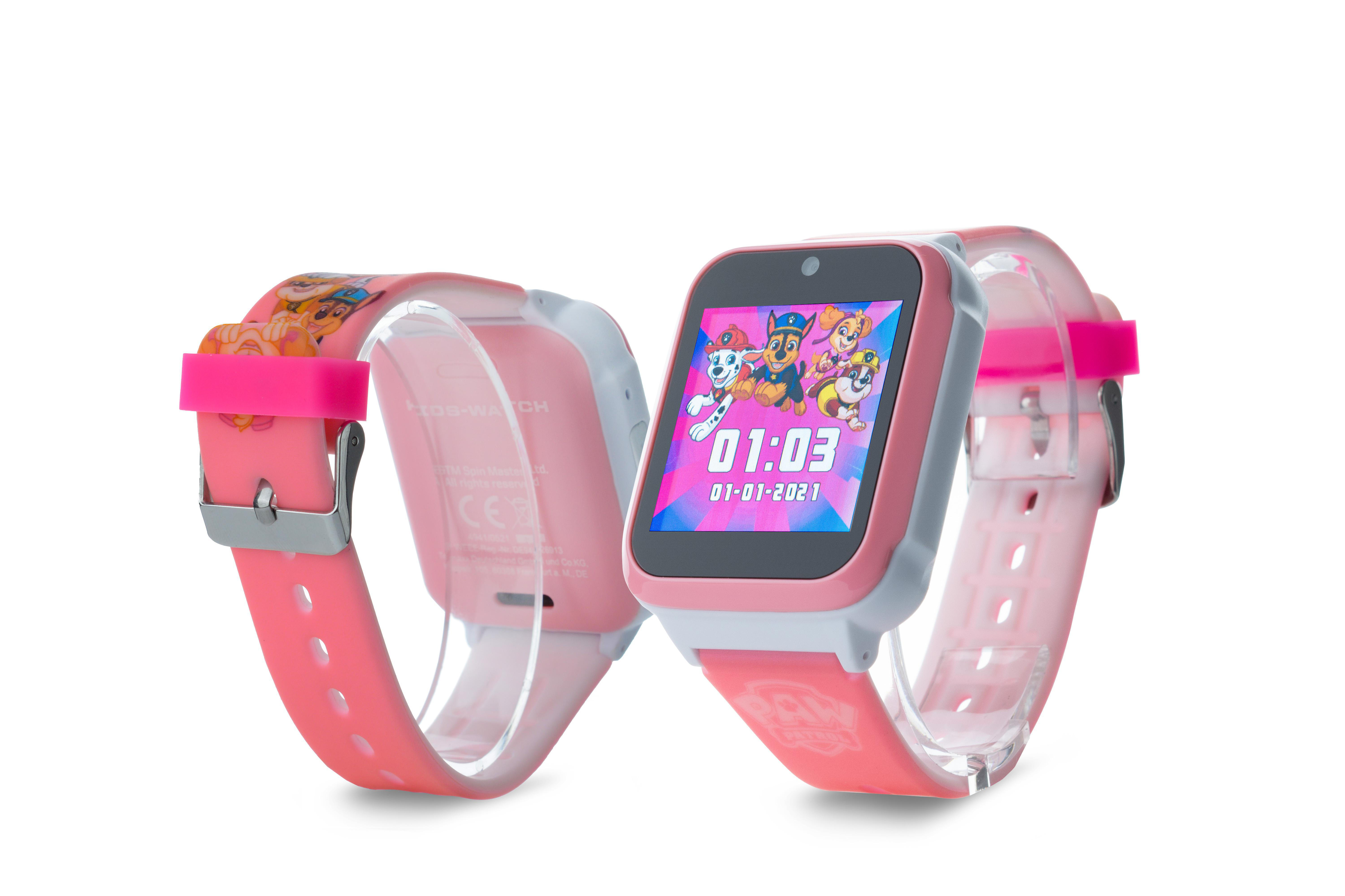 Zwei rosa-weiße Paw Patrol Smartwatches, die die Zifferblätter zeigen, auf weißem Untergrund.