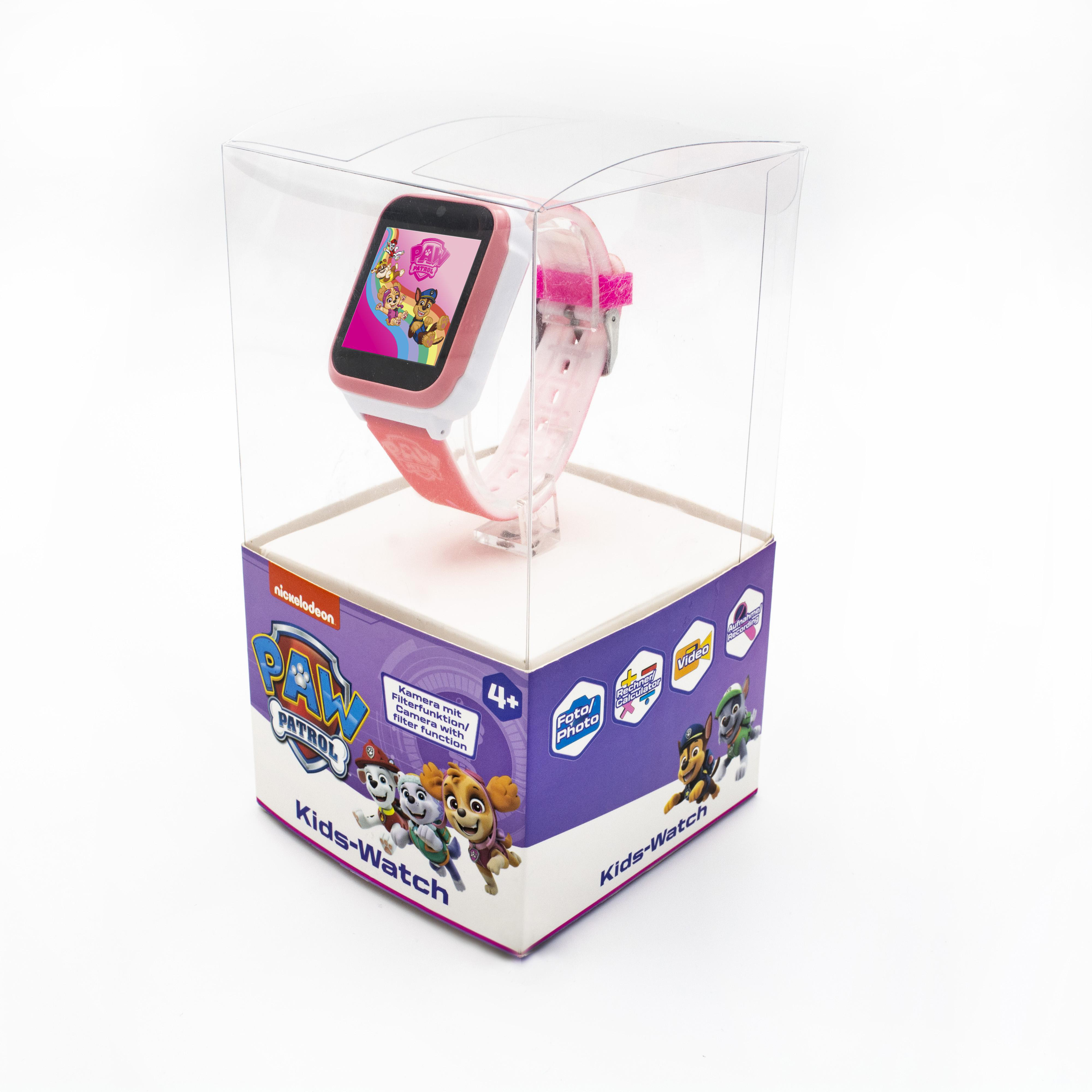 Rosa Paw Patrol Kinder-Uhr in einer transparenten Kunststoffbox. Zifferblatt sichtbar. Box mit Paw Patrol Details.