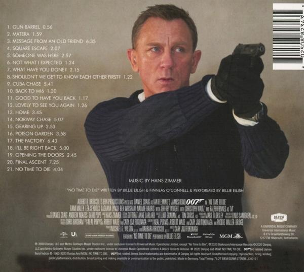Cd-hoes met James Bond. Daniel Craig houdt een pistool vast. Tekst overlay met songlijst.