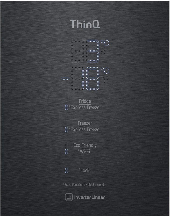 LG koelkast display, toont koelkast en vriezer temperaturen, en functie iconen.
