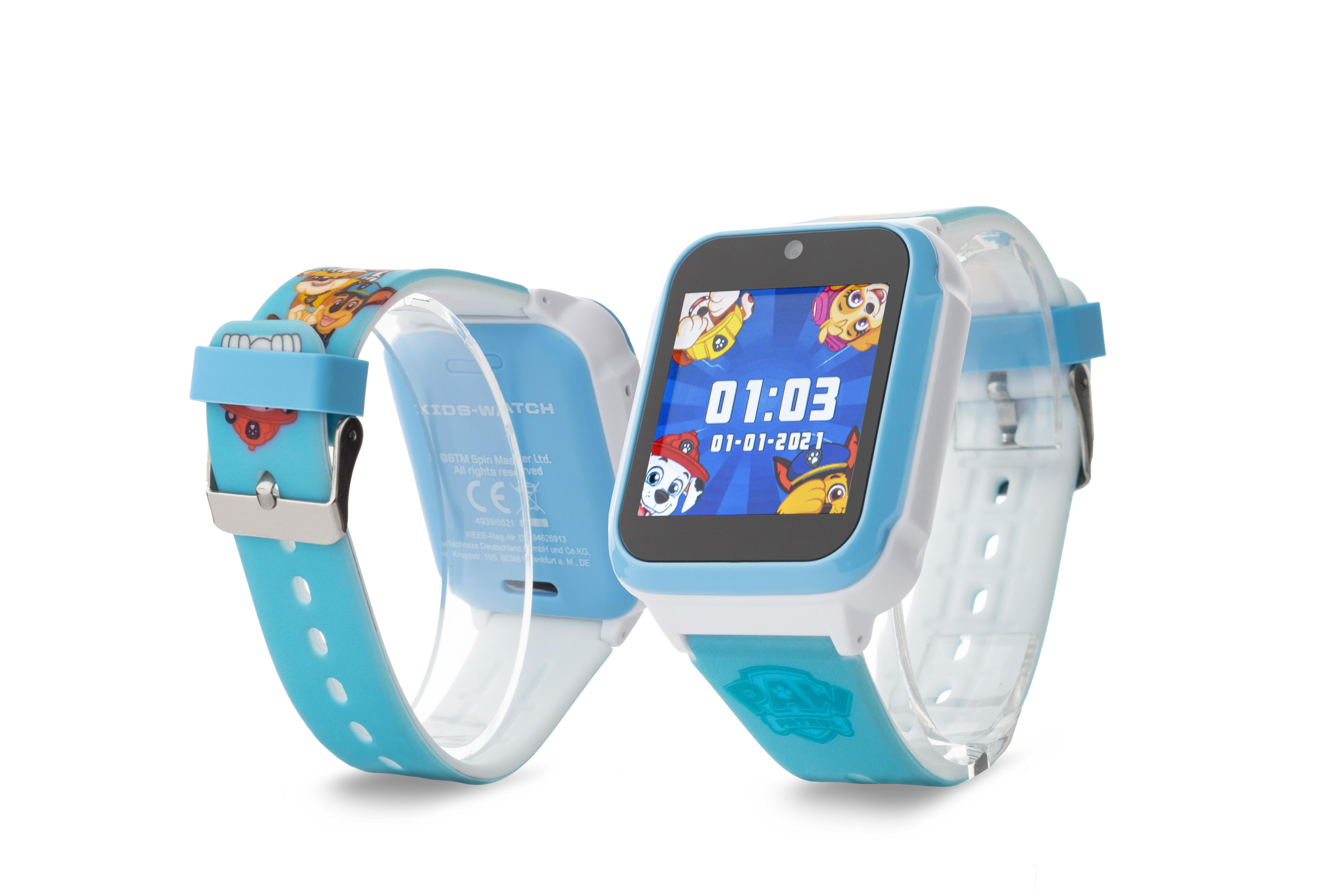 Zwei Kinder-Smartwatches, blaue Armbänder, Paw Patrol-Charaktere auf dem Bildschirm.