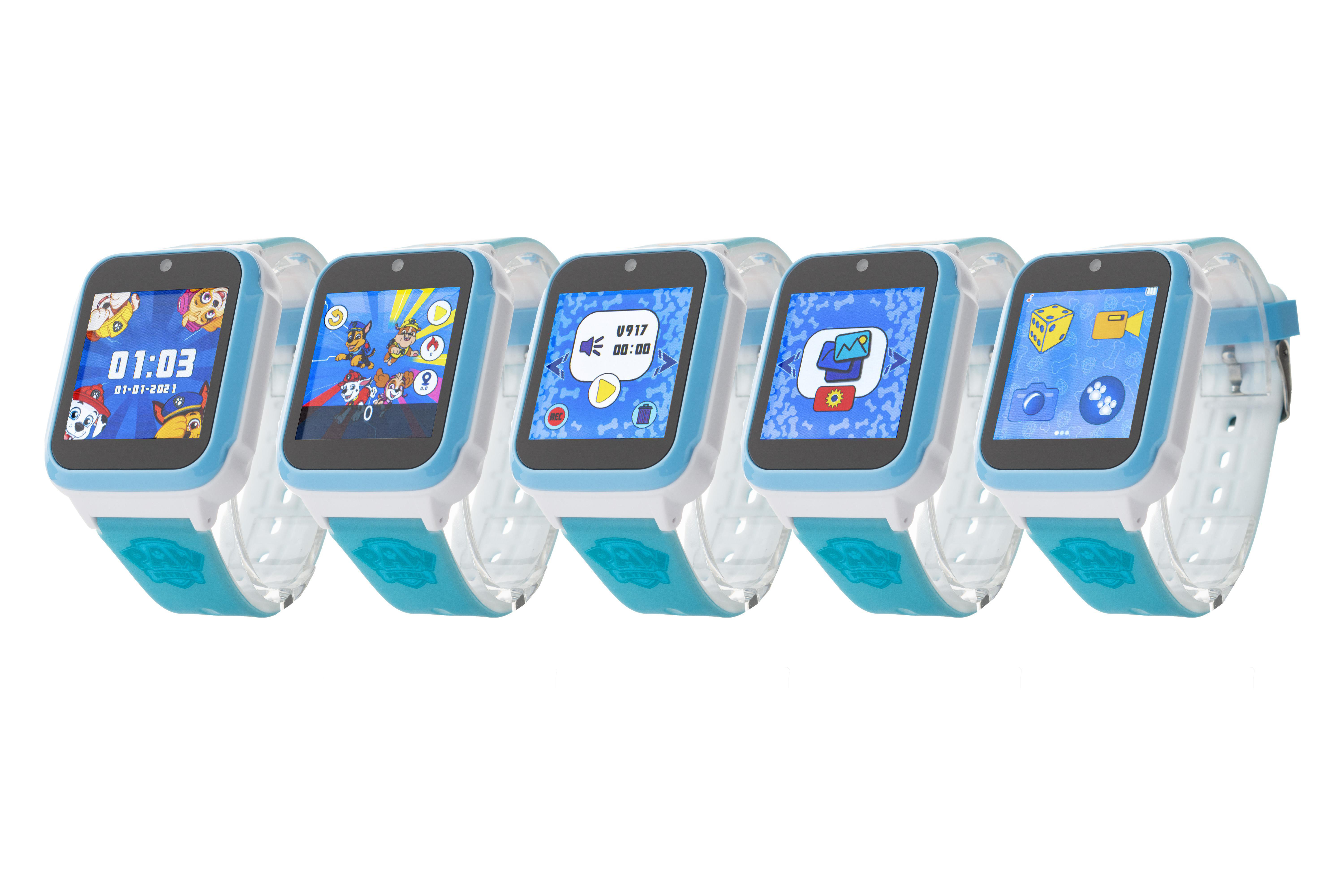 Fünf Paw Patrol Smartwatches mit verschiedenen Bildschirmen, blaue Armbänder.