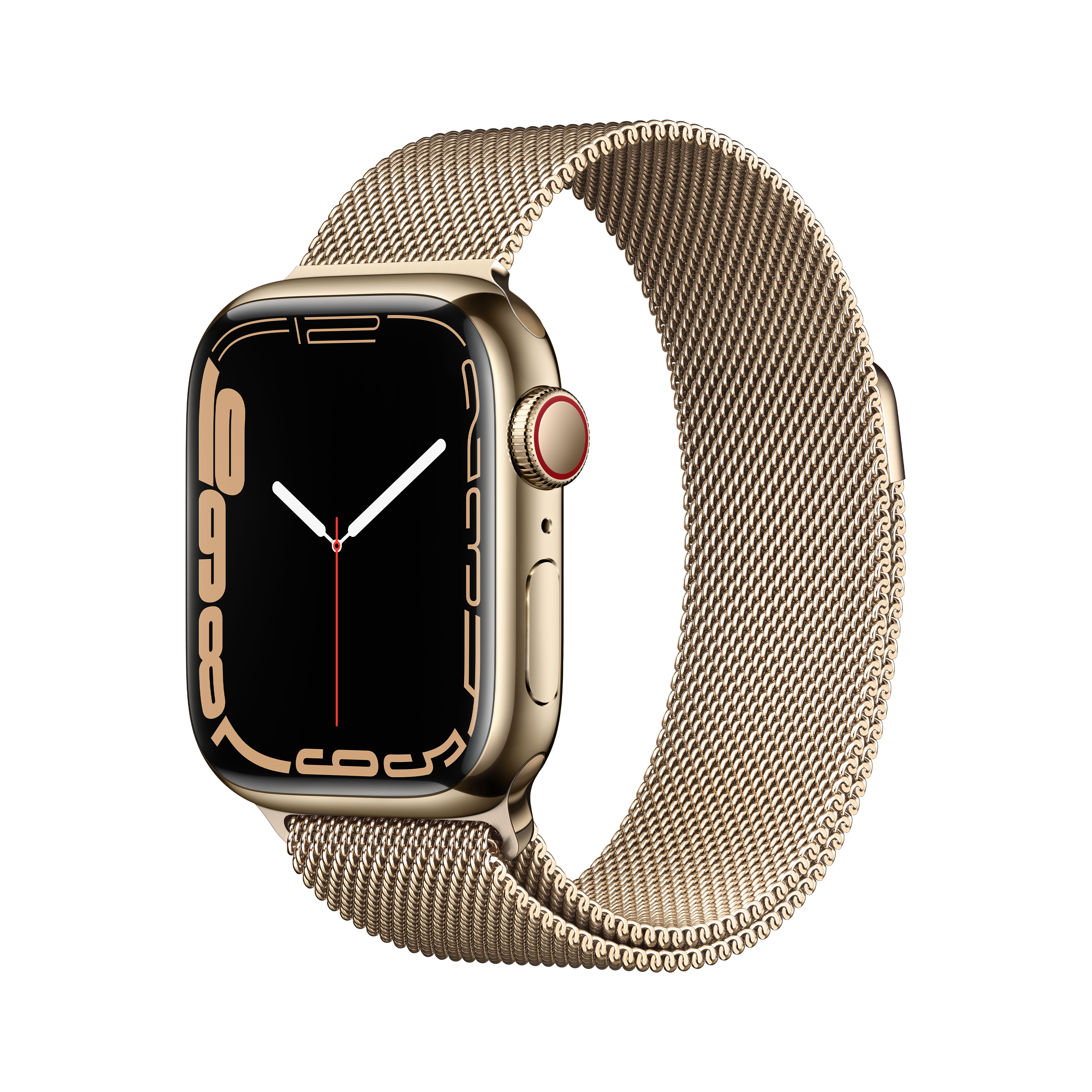 Apple Watch dorada con pantalla negra y manecillas blancas, correa dorada, botón rojo.