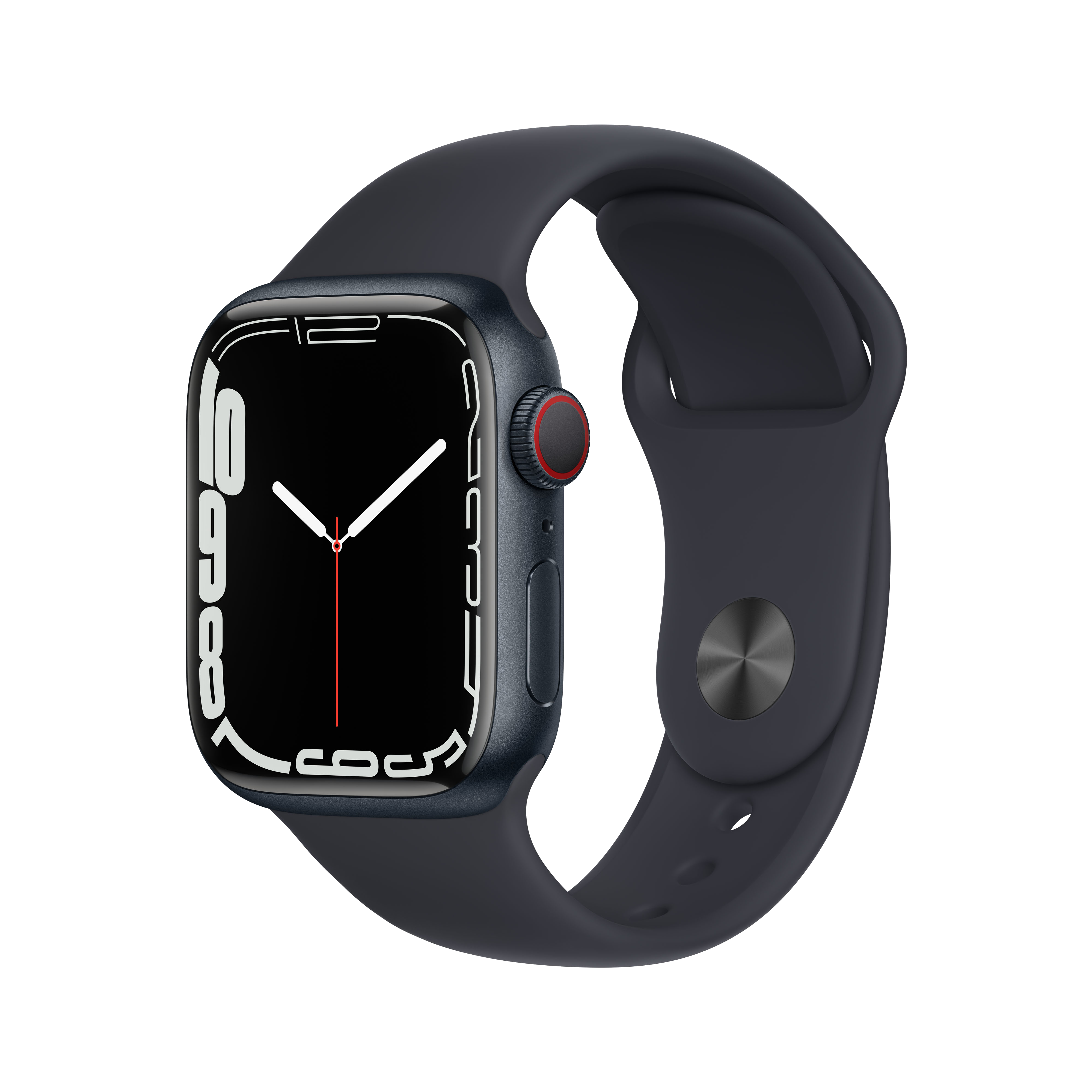 Un Apple Watch gris oscuro con pantalla negra y botón rojo. El reloj está en negro.