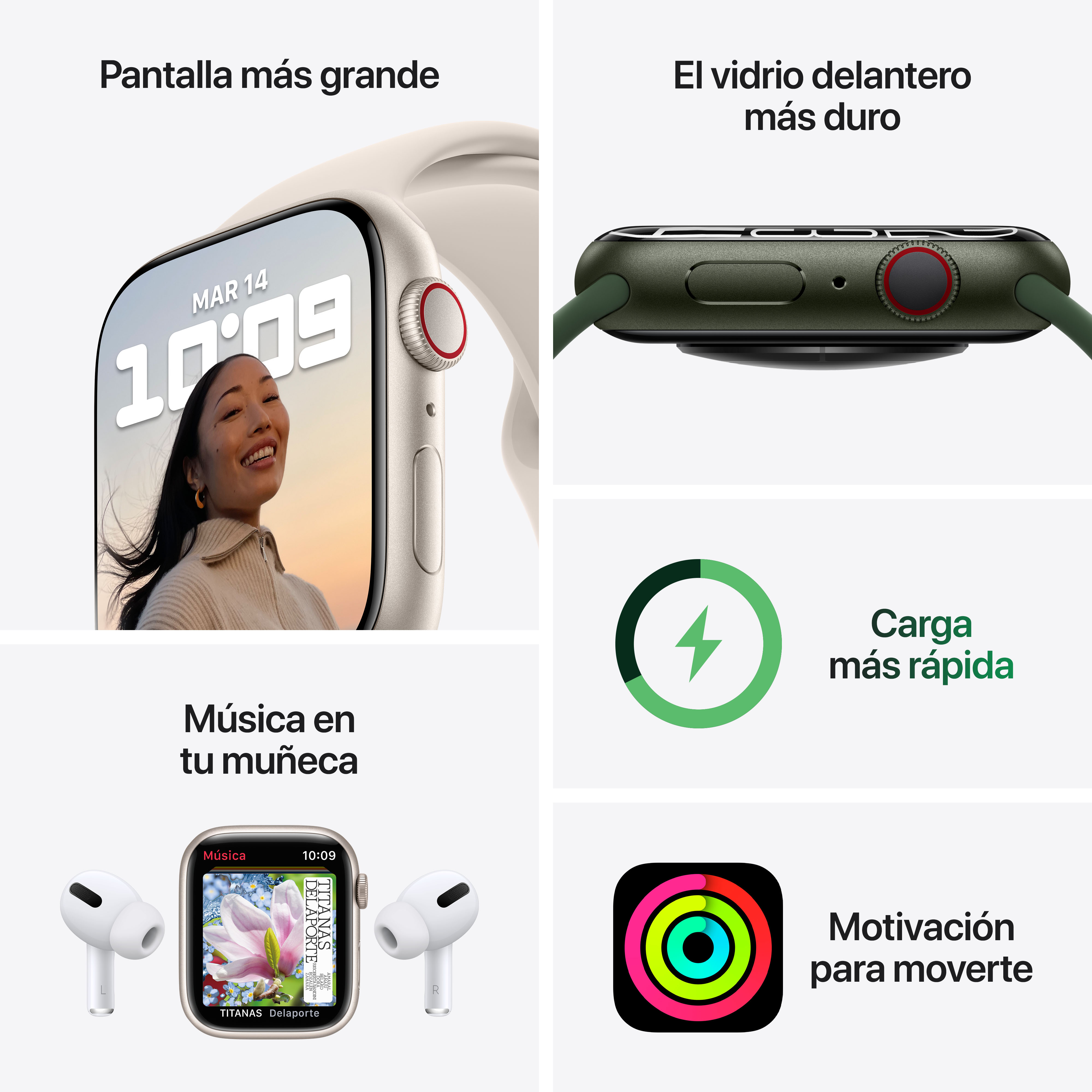Un Apple Watch con música sonando, una pantalla más grande y carga más rápida. También hay AirPods.