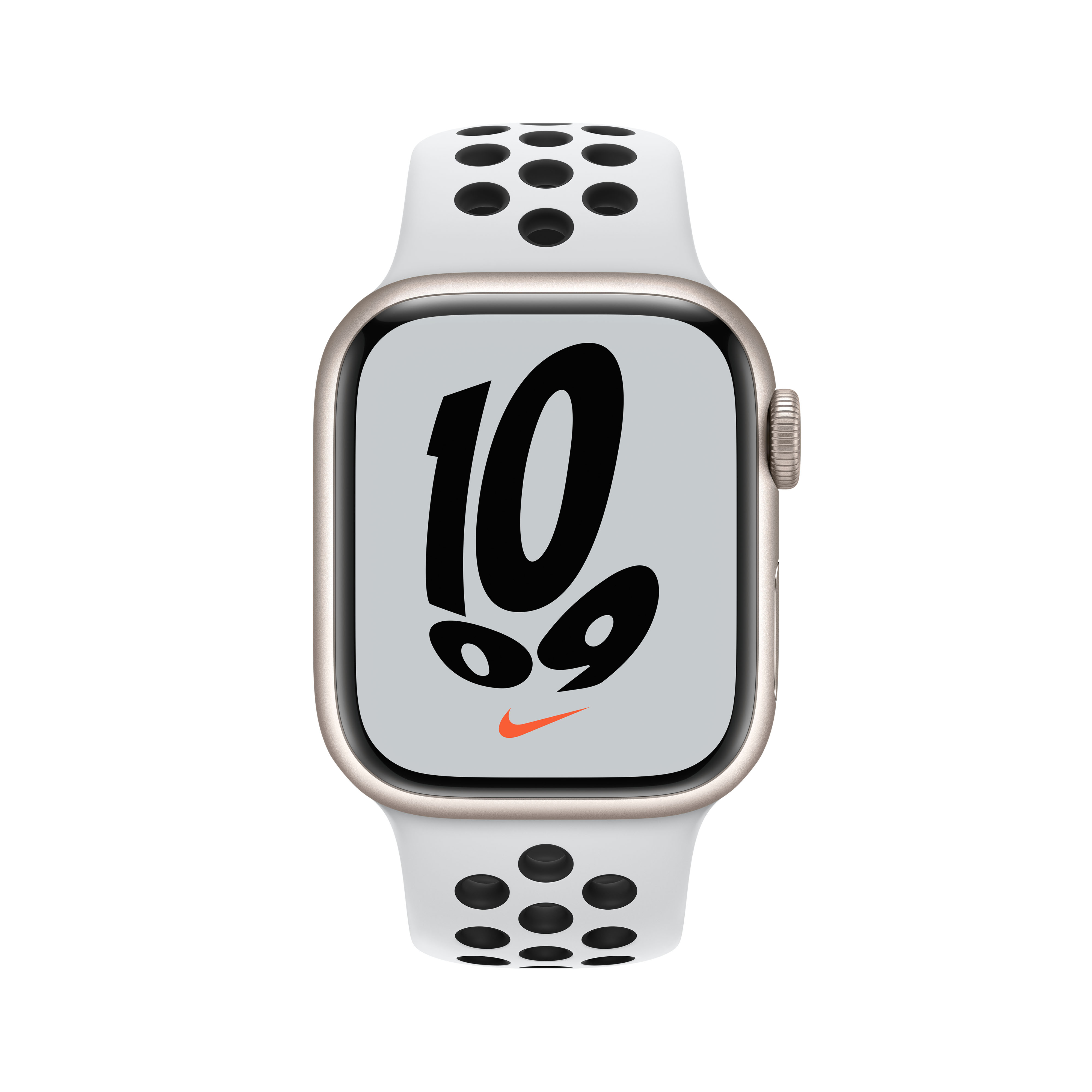 Apple Watch Series 7 con correa blanca y detalle de puntos negros.  La pantalla muestra el 10.