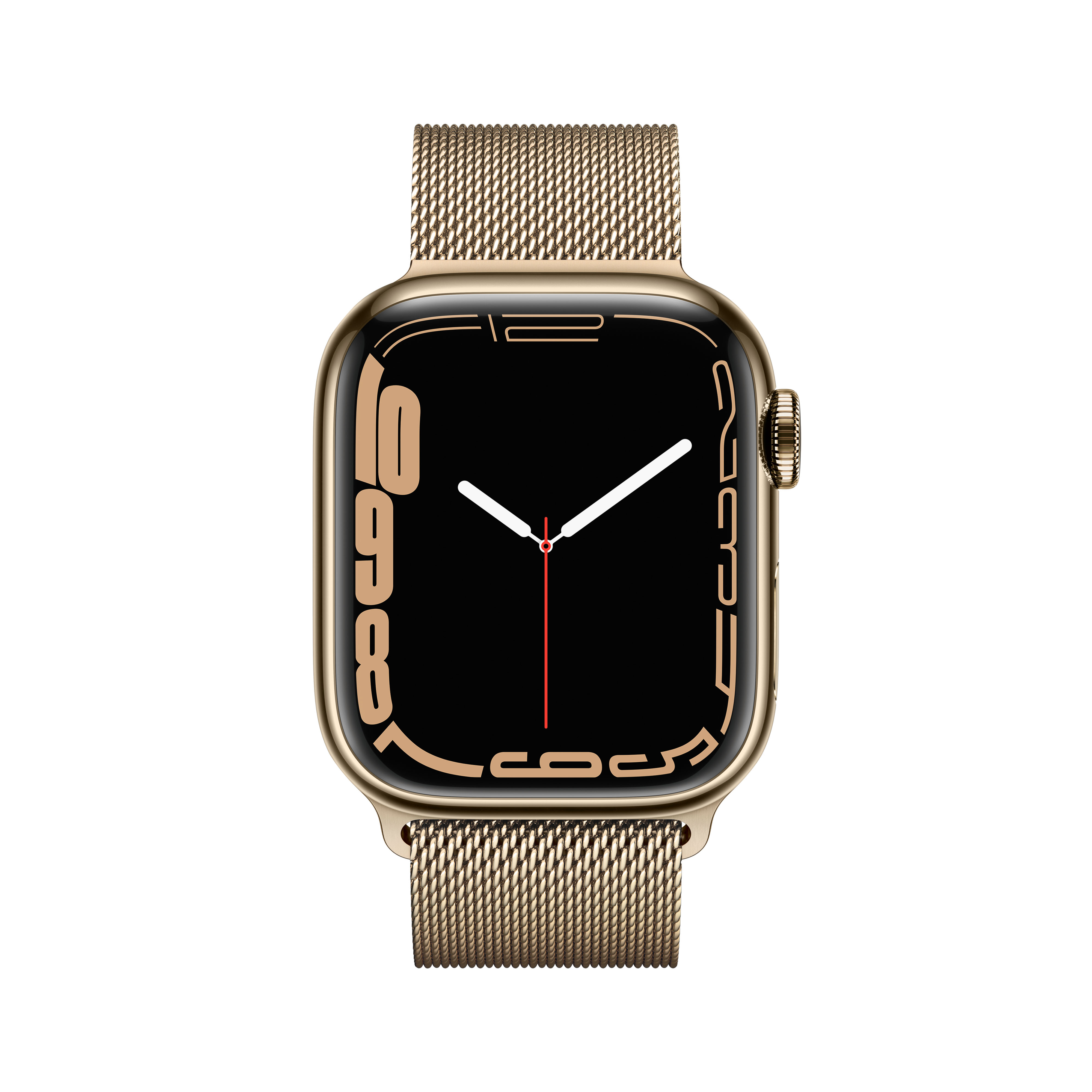 Un Apple Watch dorado con una correa de malla dorada muestra la hora. El reloj tiene una pantalla negra.